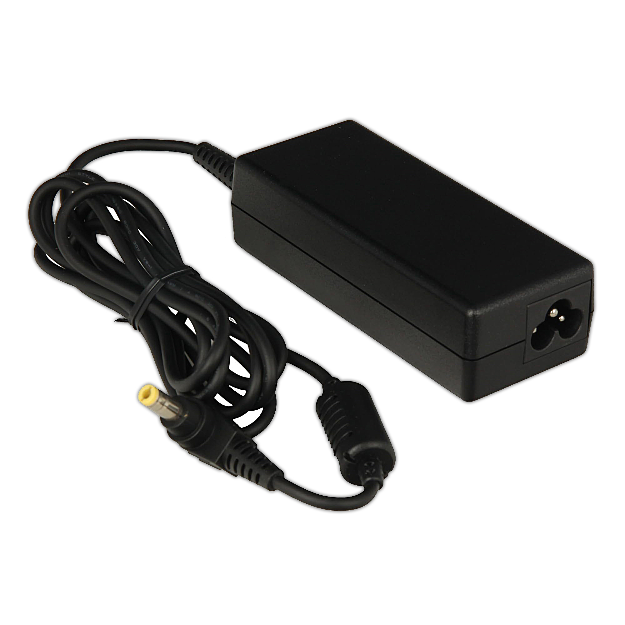 Schwarzes Laptop-Netzteil mit Kabel und Stecker.