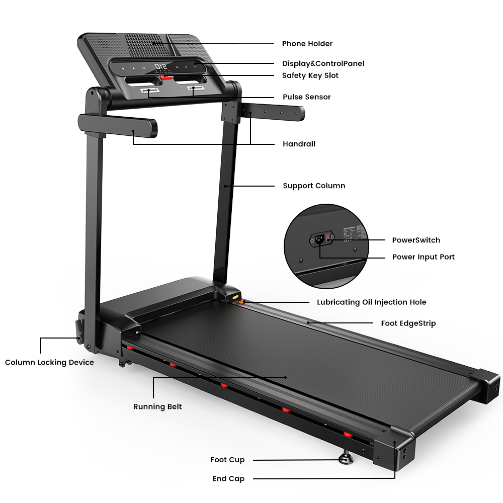 Tapis roulant nero con pannello di controllo, corrimano ed etichette dettagliate.