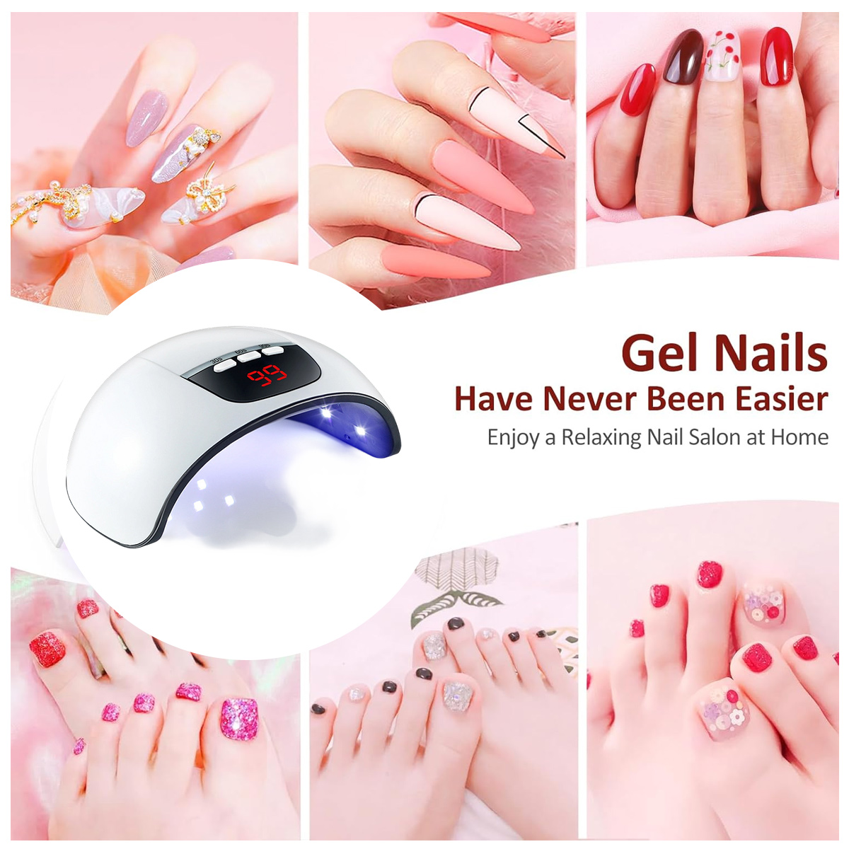 Nagellack-Trockner mit verzierten Nägeln und Zehen.