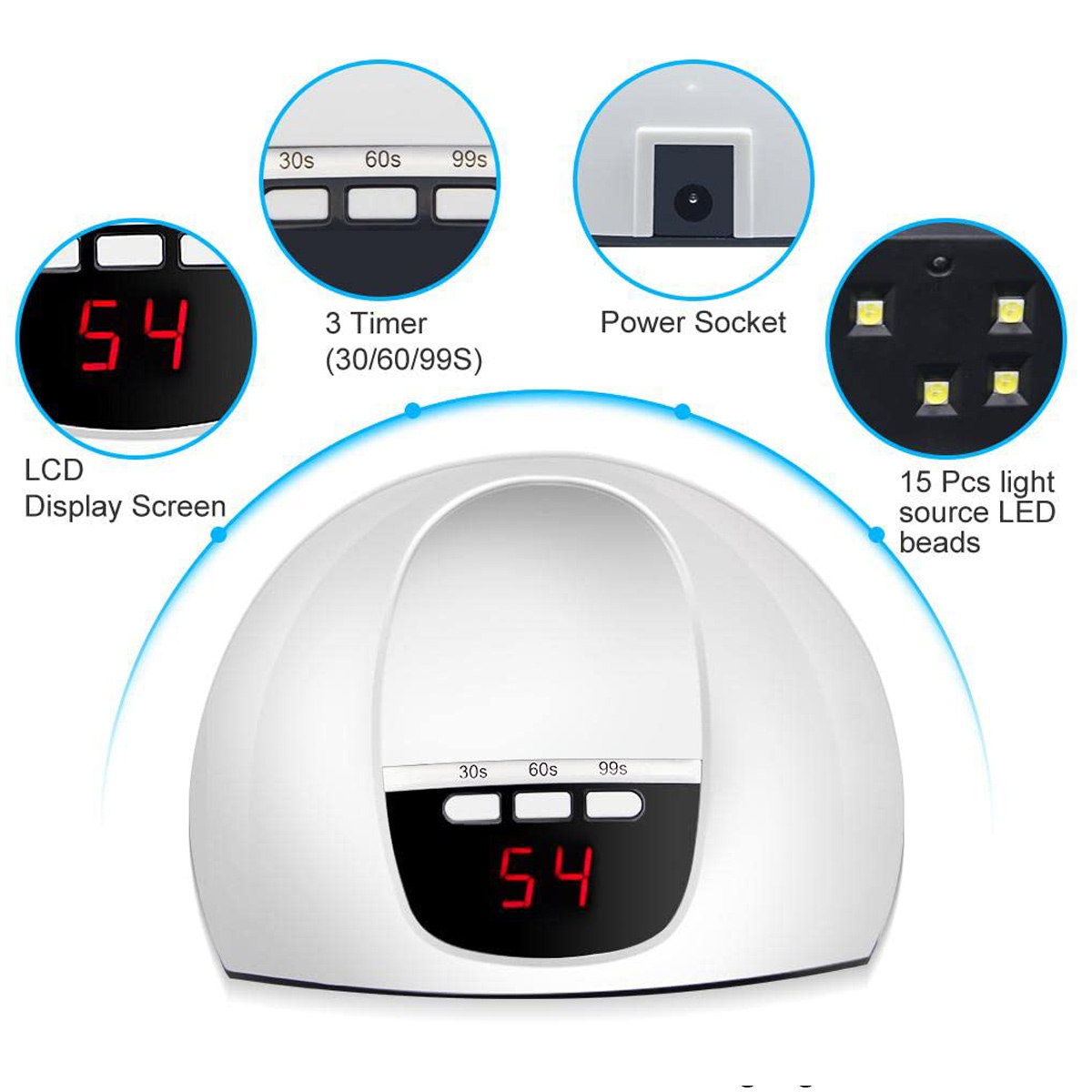 Weiße UV-Lampe mit LCD-Anzeige, Timer, Netzanschluss und 15 LEDs.