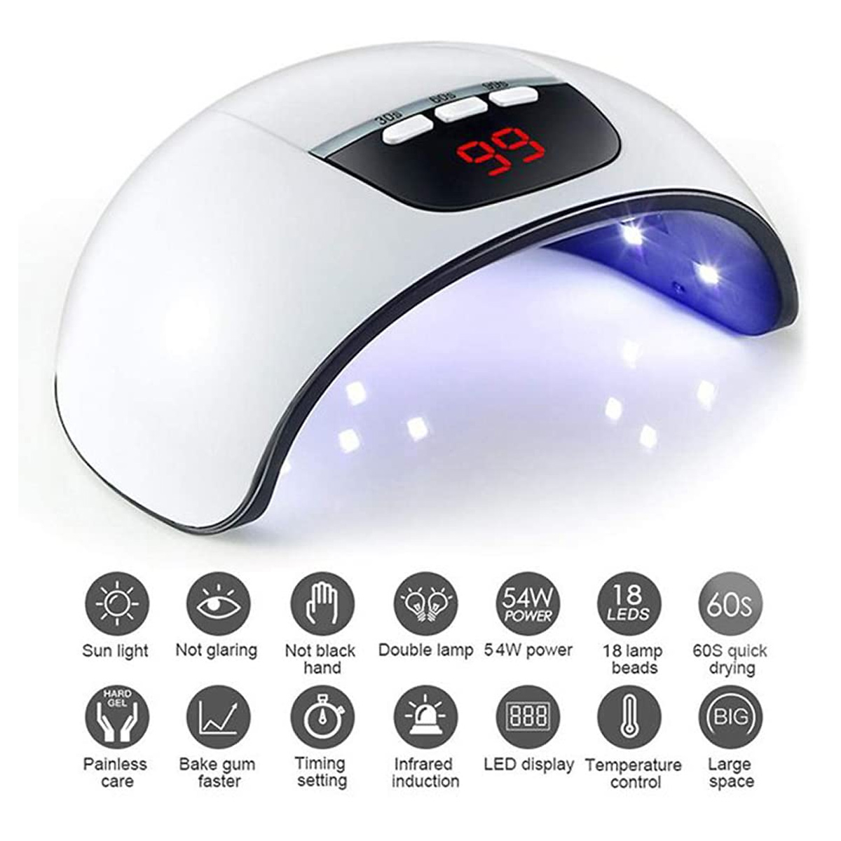 Weiße UV-Nagellampe mit Digitalanzeige (99), blauen LEDs und Symbolen.