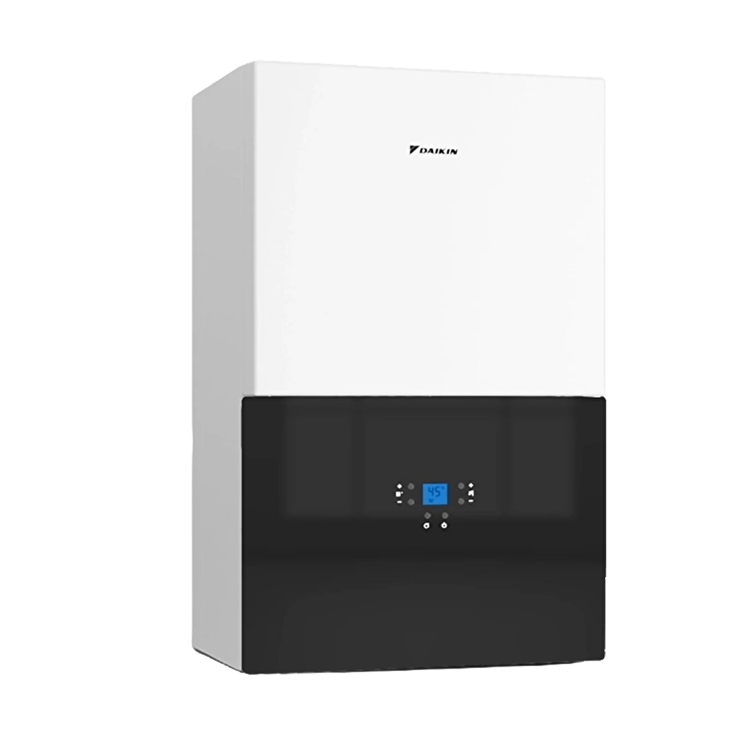 Dijital ekranlı, siyah ön panelli beyaz Daikin kombi.