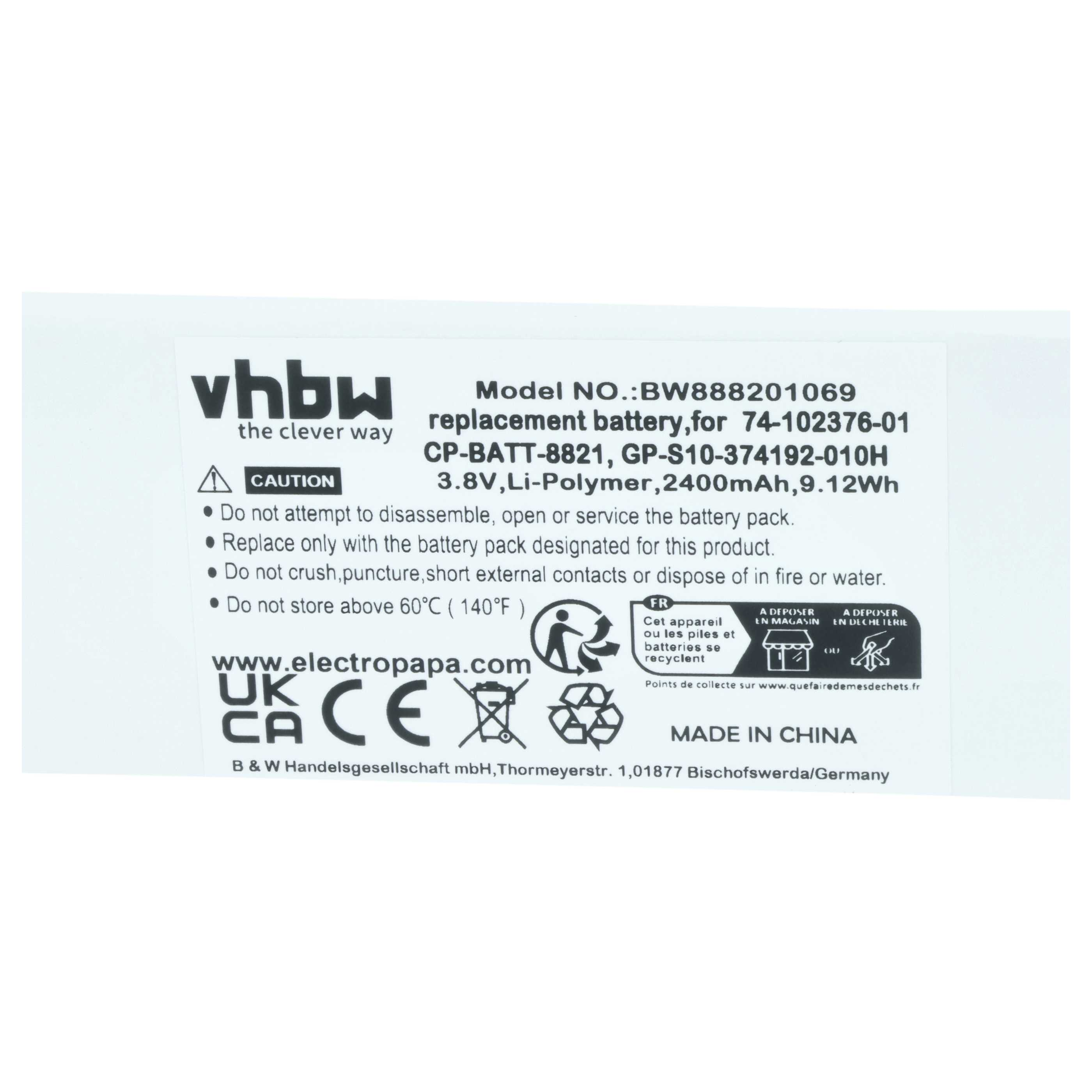 Etikett mit VHBW-Logo, Ersatzakku-Details, Warnhinweisen und Recycling-Symbolen.