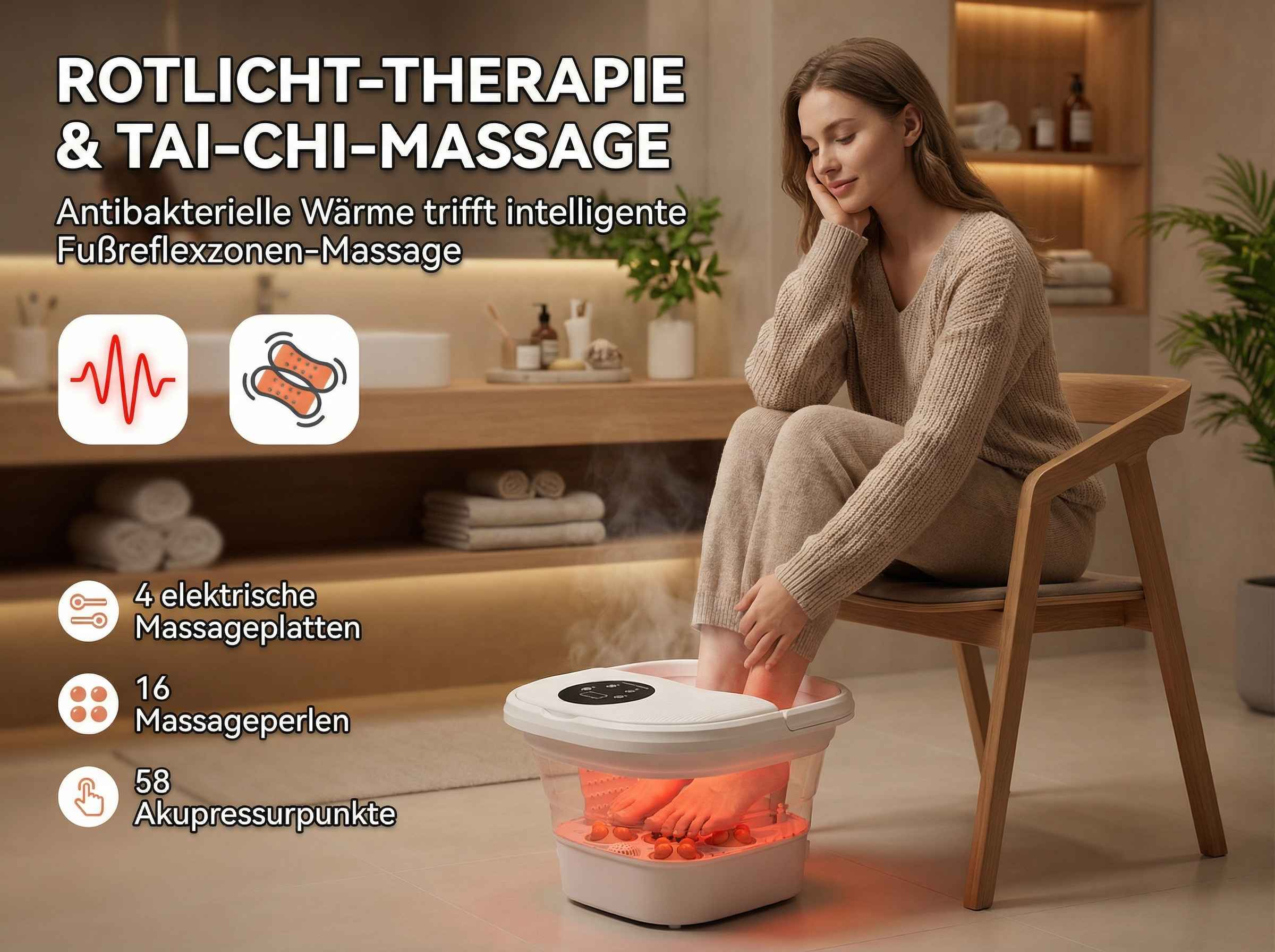Frau sitzt auf einem Stuhl und genießt eine Fußmassage mit Rotlicht.