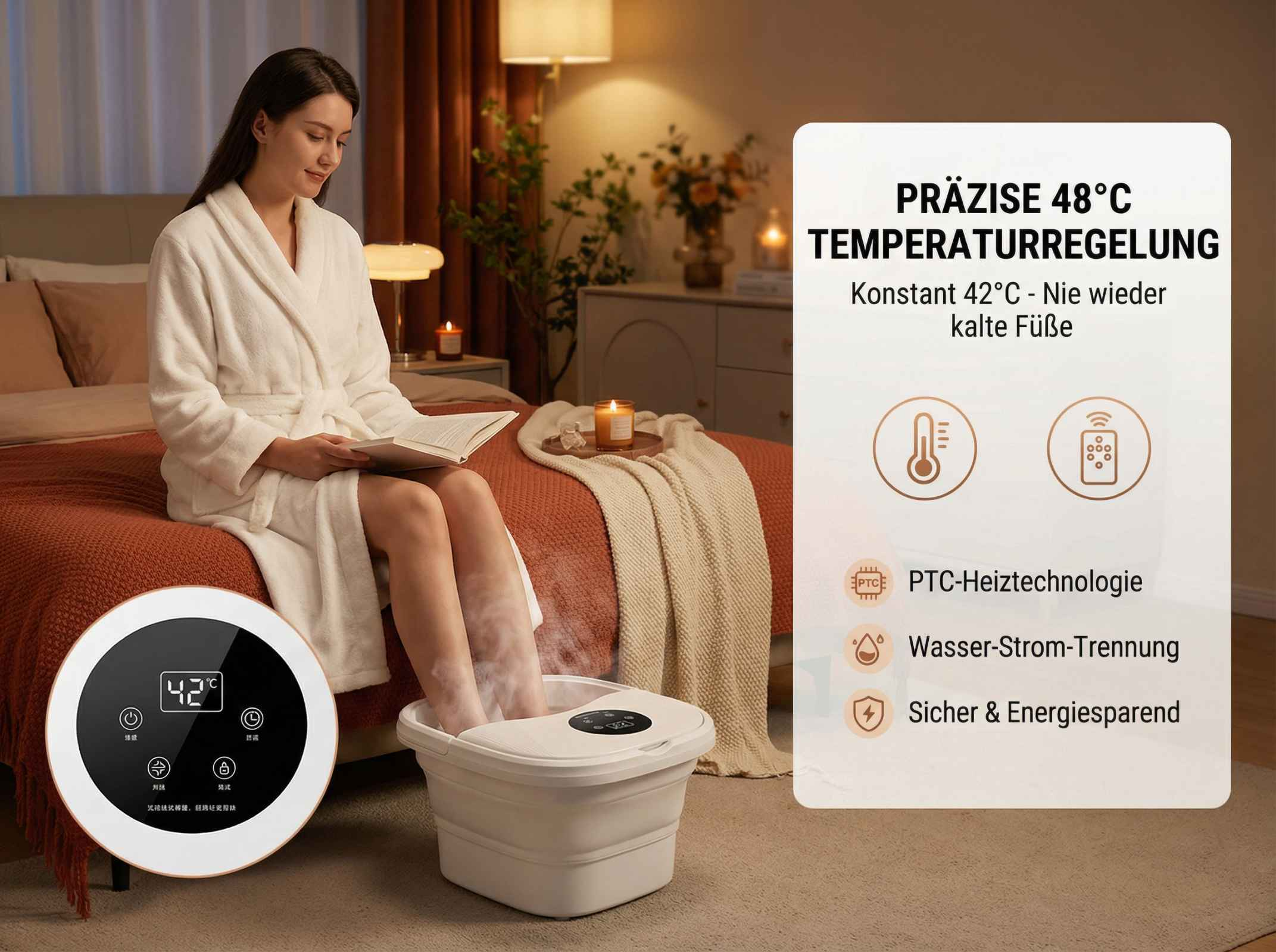 Eine Frau im Bademantel sitzt auf einem Bett und genießt ein Fußbad mit Dampf.