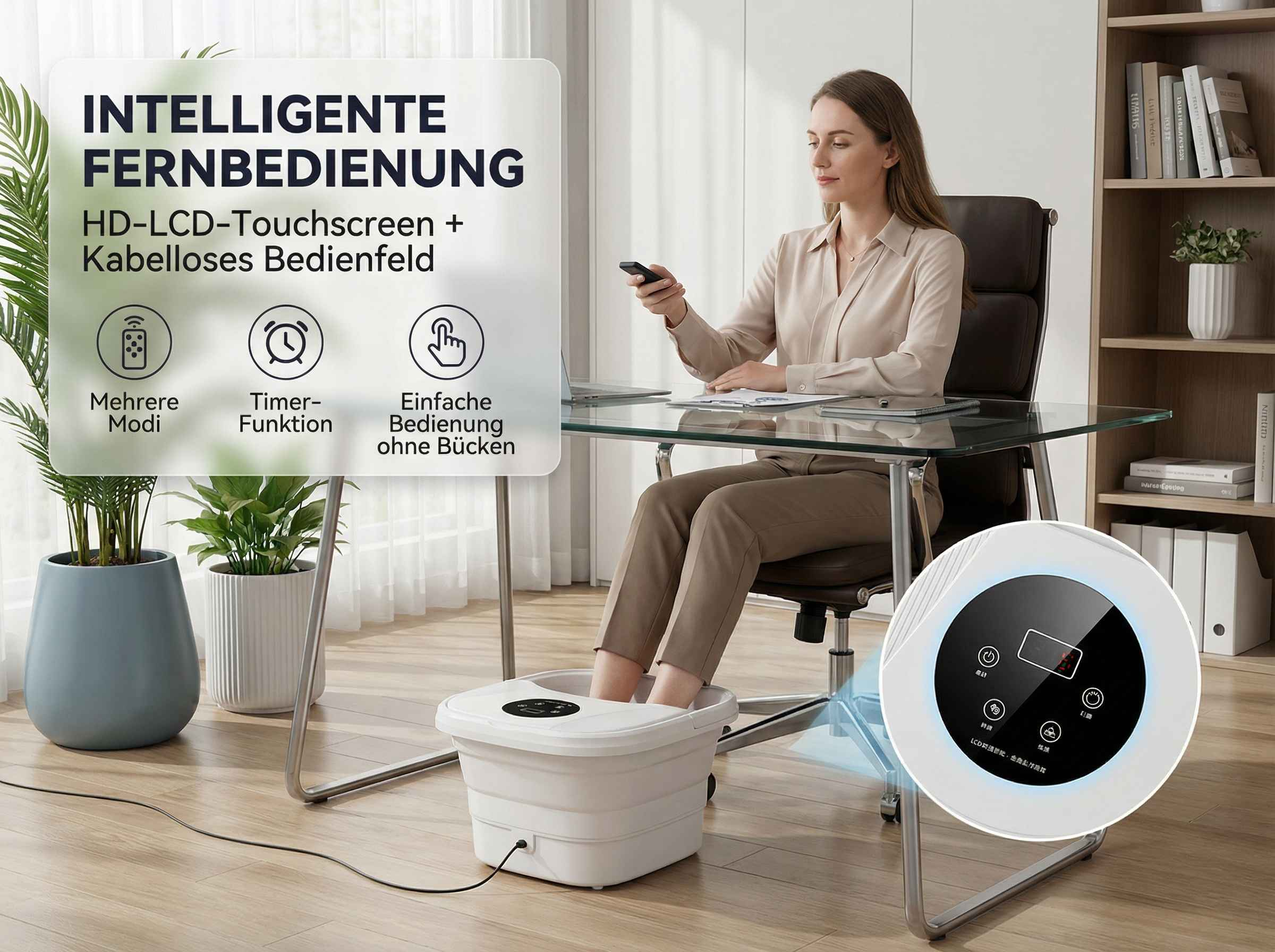 Frau sitzt am Schreibtisch, nutzt eine Fußbadewanne und hält eine Fernbedienung.