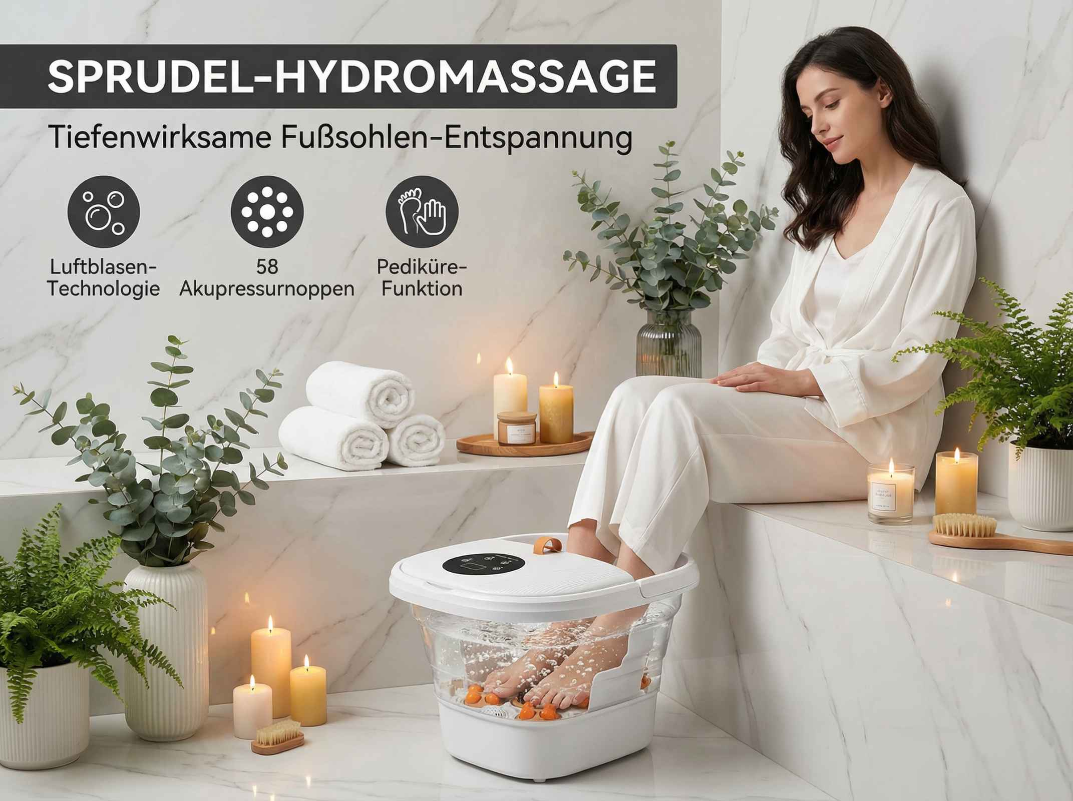 Eine Frau genießt ein Fußbad mit Kerzen, Pflanzen und Handtüchern.