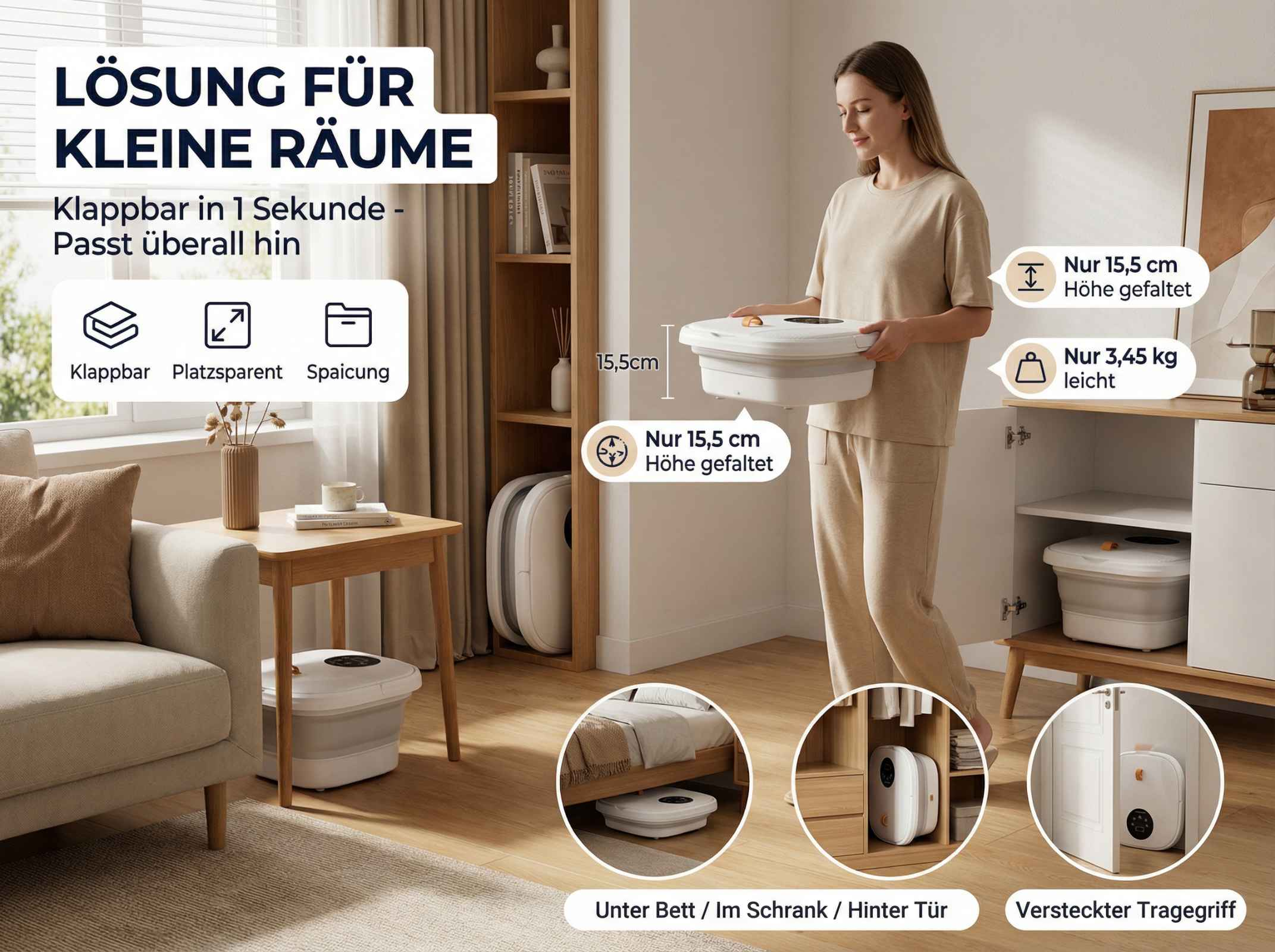 Eine Frau hält ein faltbares Gerät. Es ist kompakt und leicht zu verstauen.