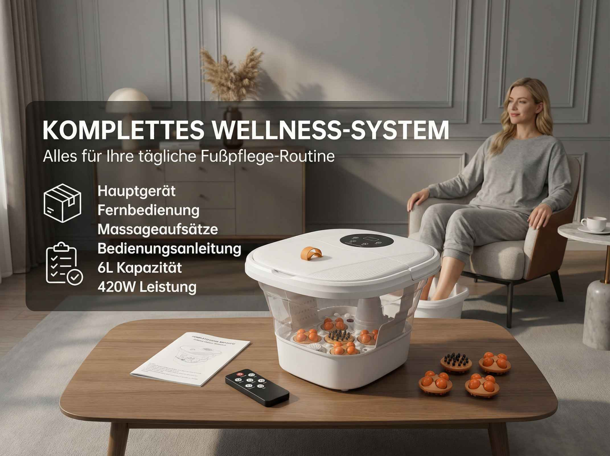 Eine Frau sitzt in einem Sessel und badet ihre Füße in einem Fußbad.