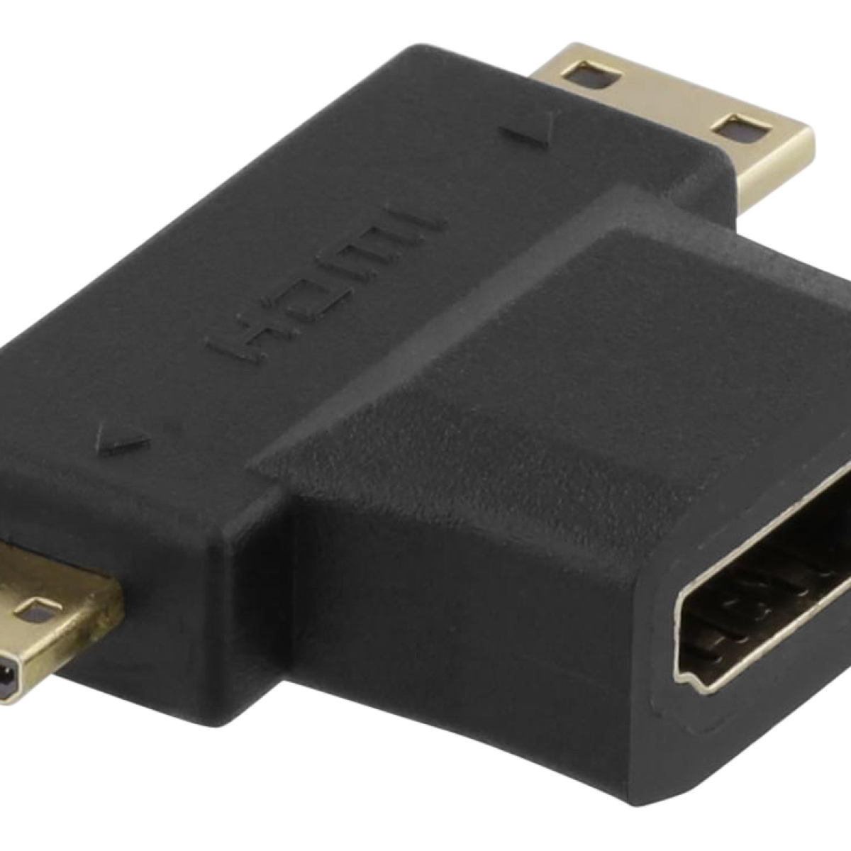 Schwarzer HDMI-Splitter mit einem HDMI-Stecker und zwei HDMI-Anschlüssen.