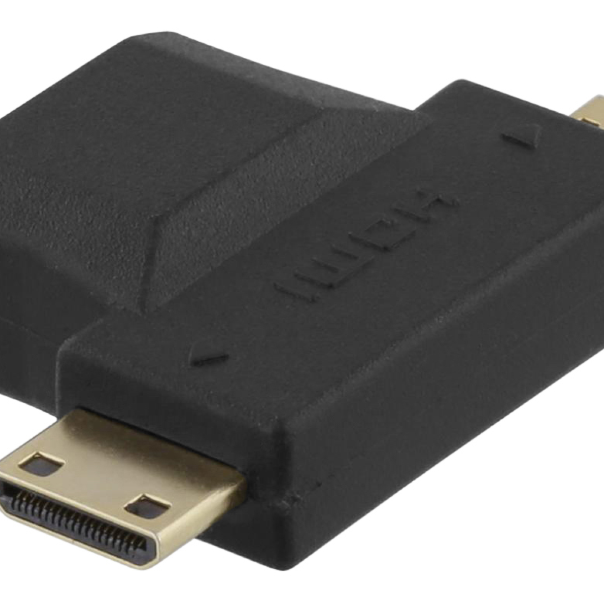 Schwarzer HDMI-Adapter mit goldenen Anschlüssen.