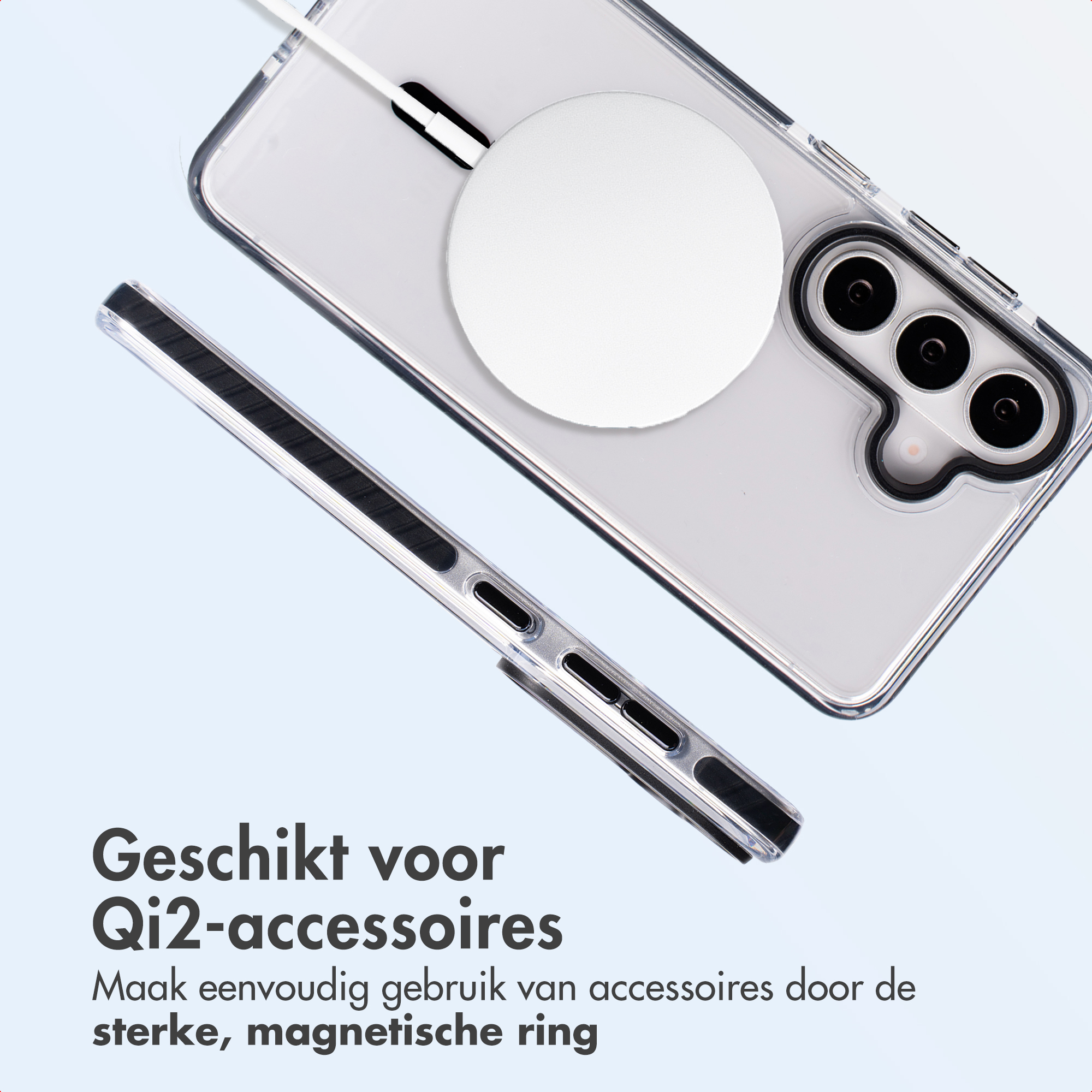 Une coque de téléphone transparente avec anneau magnétique pour accessoires Qi2.