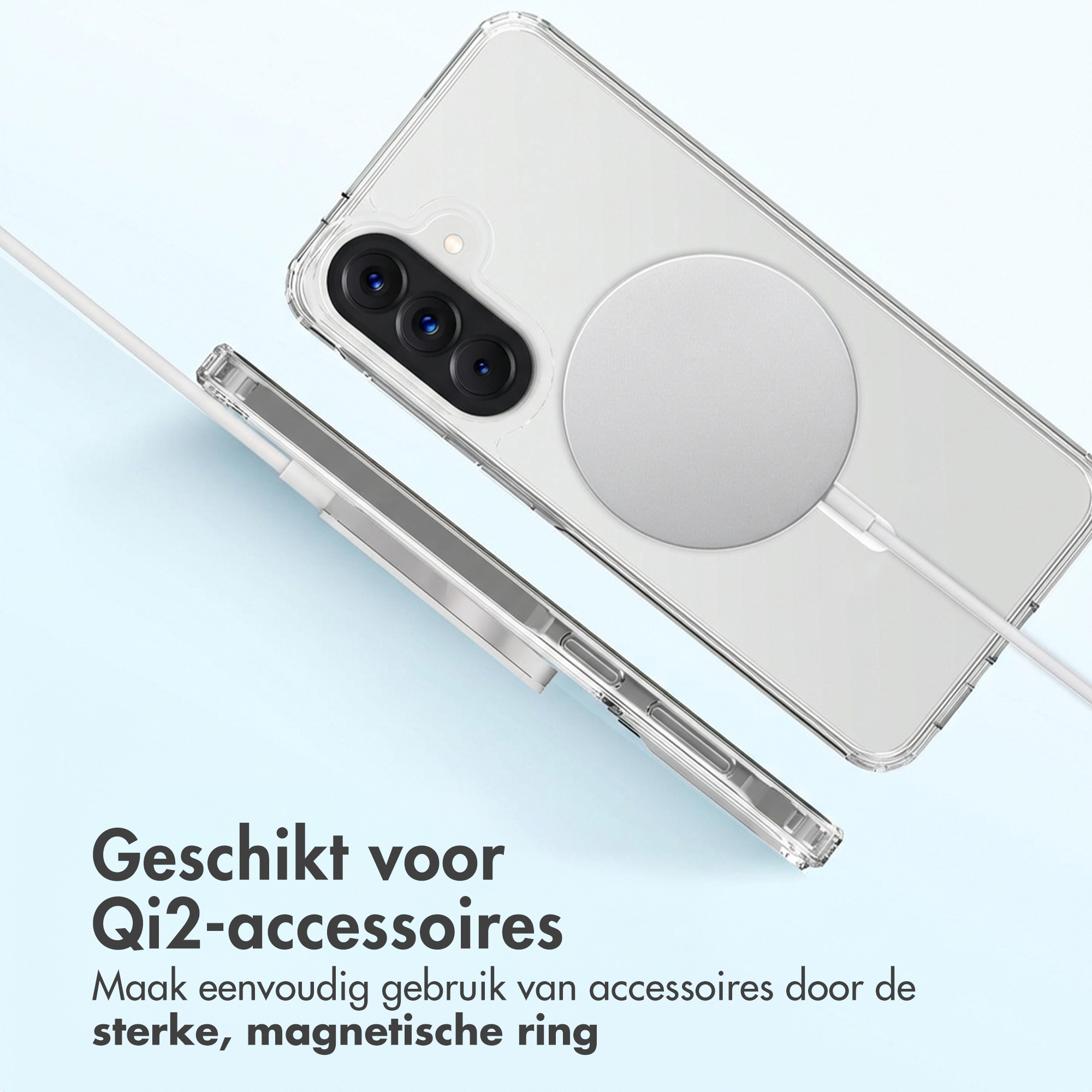 Une coque de téléphone transparente avec un anneau magnétique et un câble.