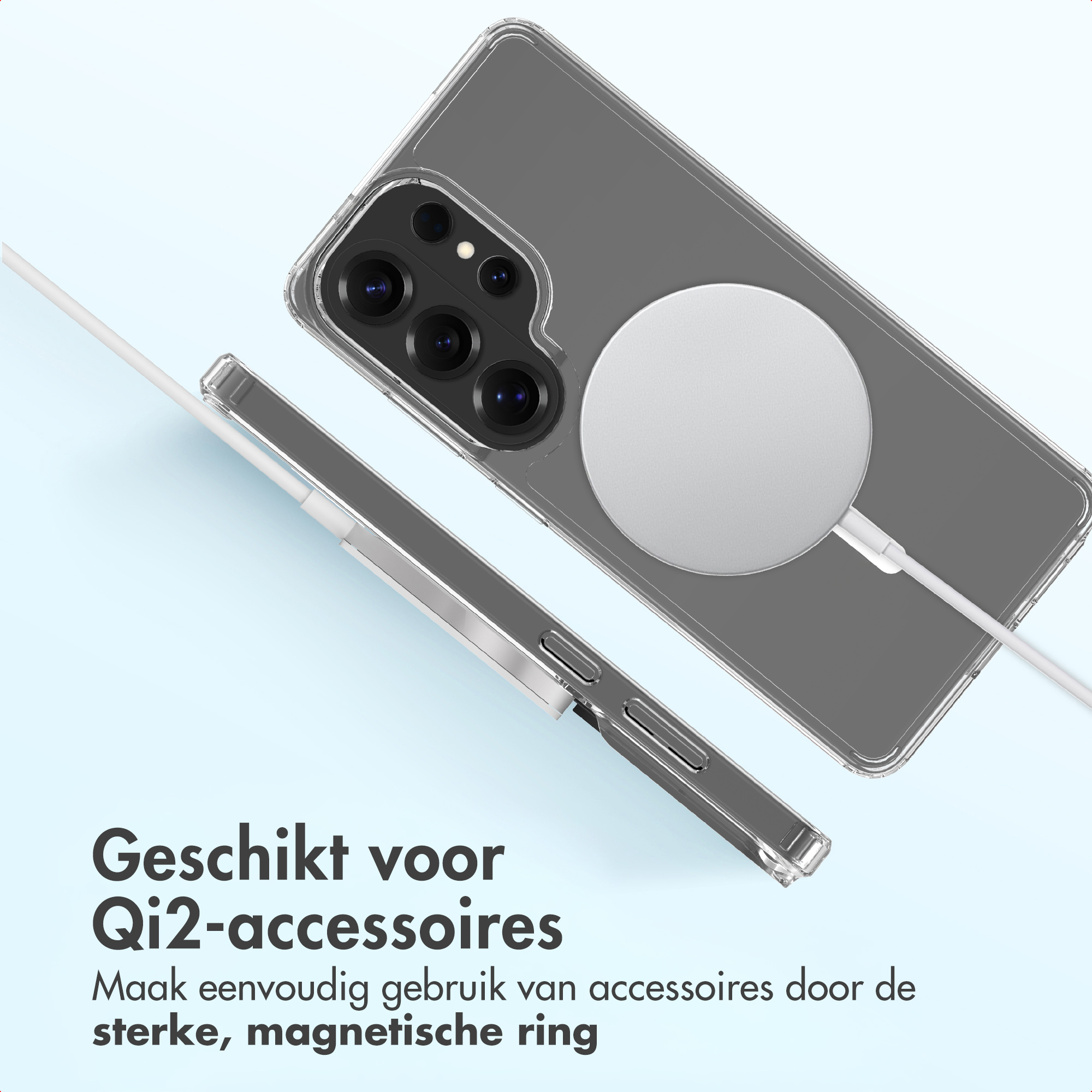 Een doorzichtige telefoonhoes met magnetische ring en oplaadkabel.