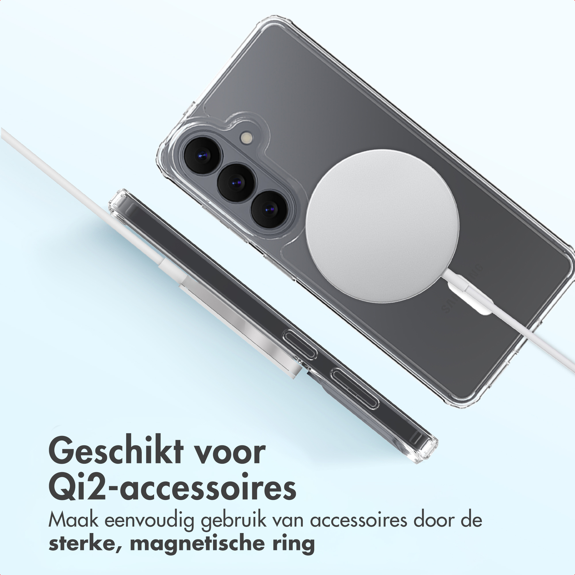 Una cover trasparente per telefono con caricatore magnetico bianco e cavo.