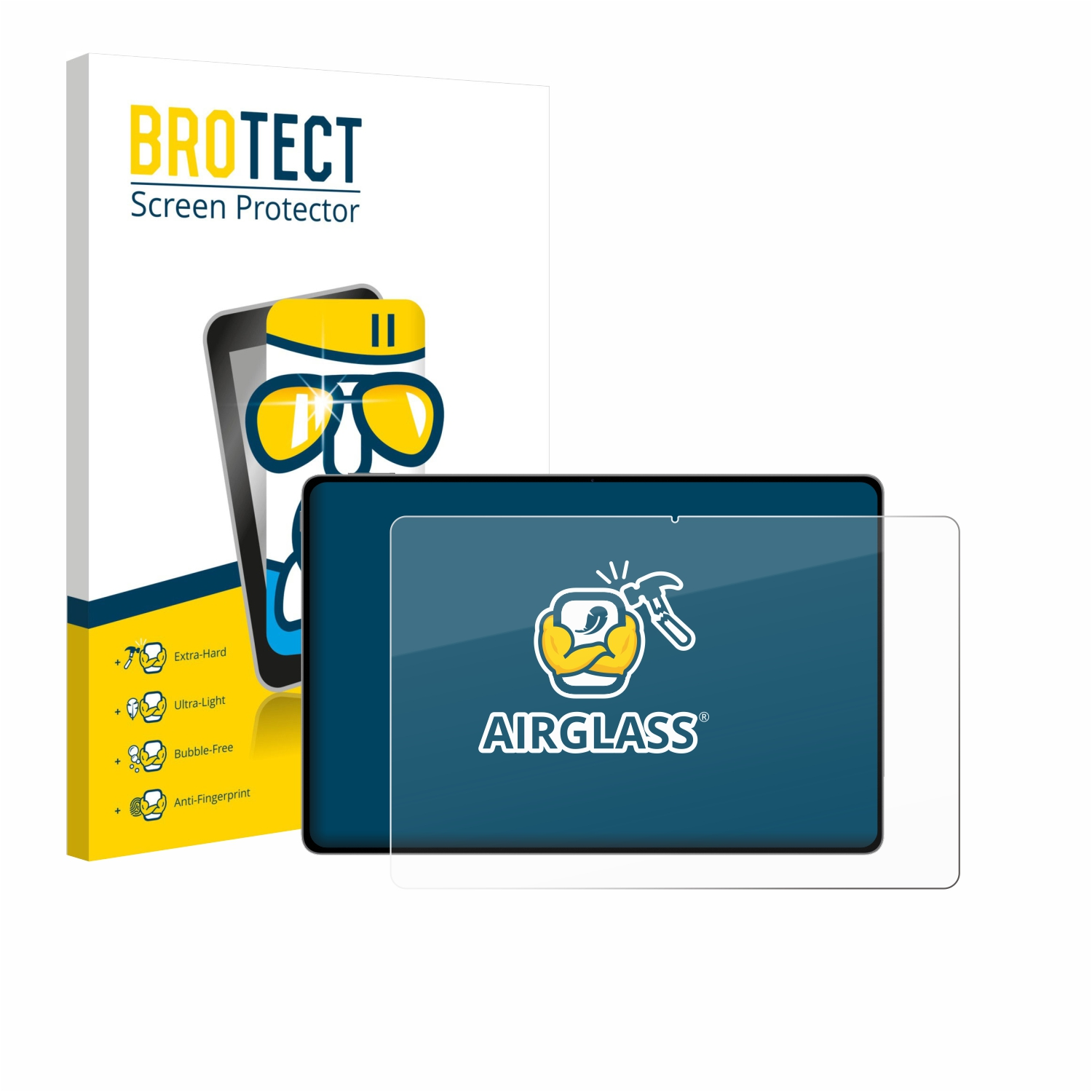 BROTECT Displayschutzfolie mit Airglass-Logo. Links eine Verpackung mit Eigenschaften.