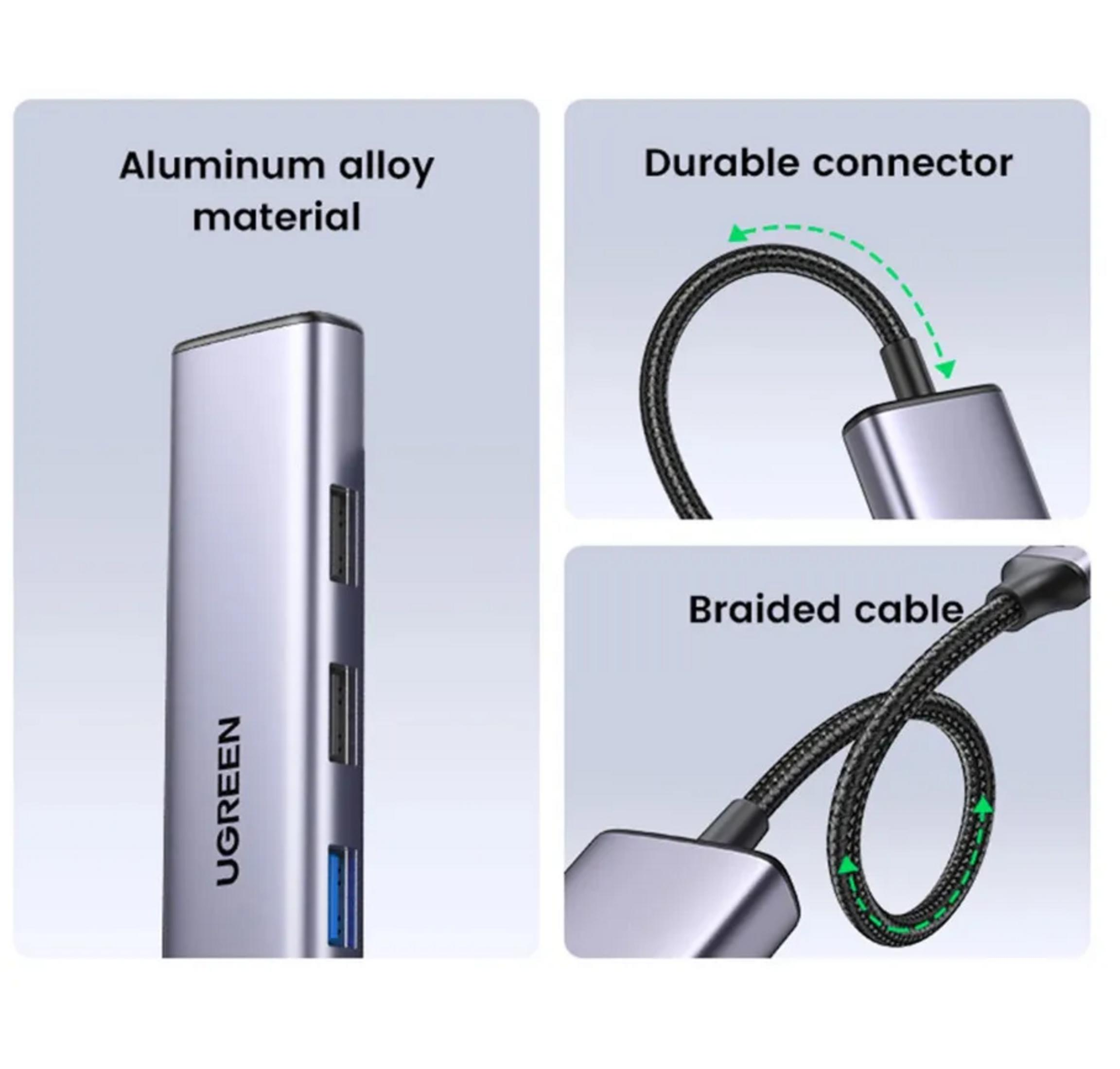 Srebrny hub USB-C z wieloma portami i plecionym kablem.