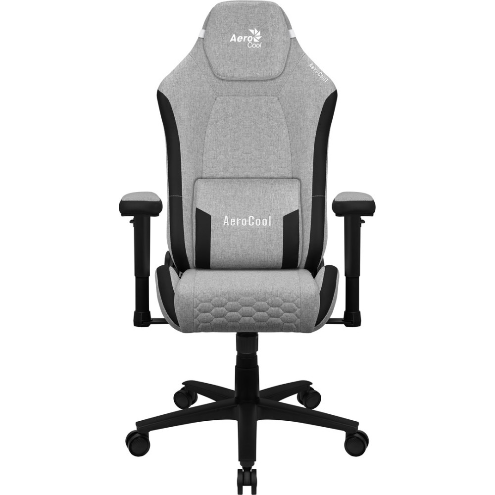 Szare krzesło biurowe z czarnymi akcentami i kółkami.