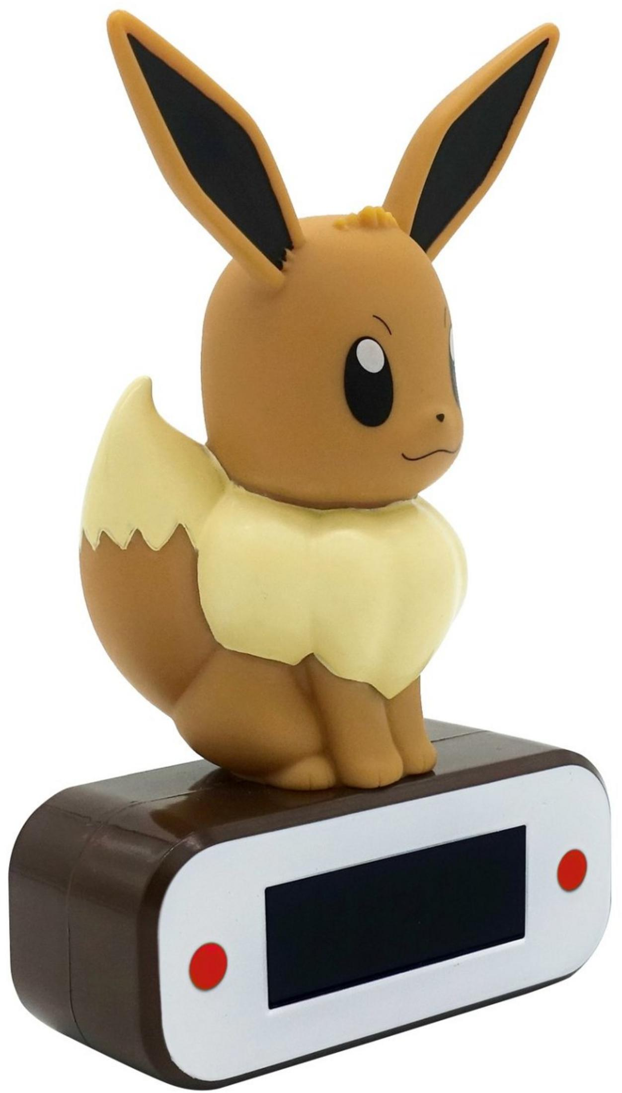 Brązowa figurka Eevee siedzi na brązowej podstawie z czarnym wyświetlaczem.