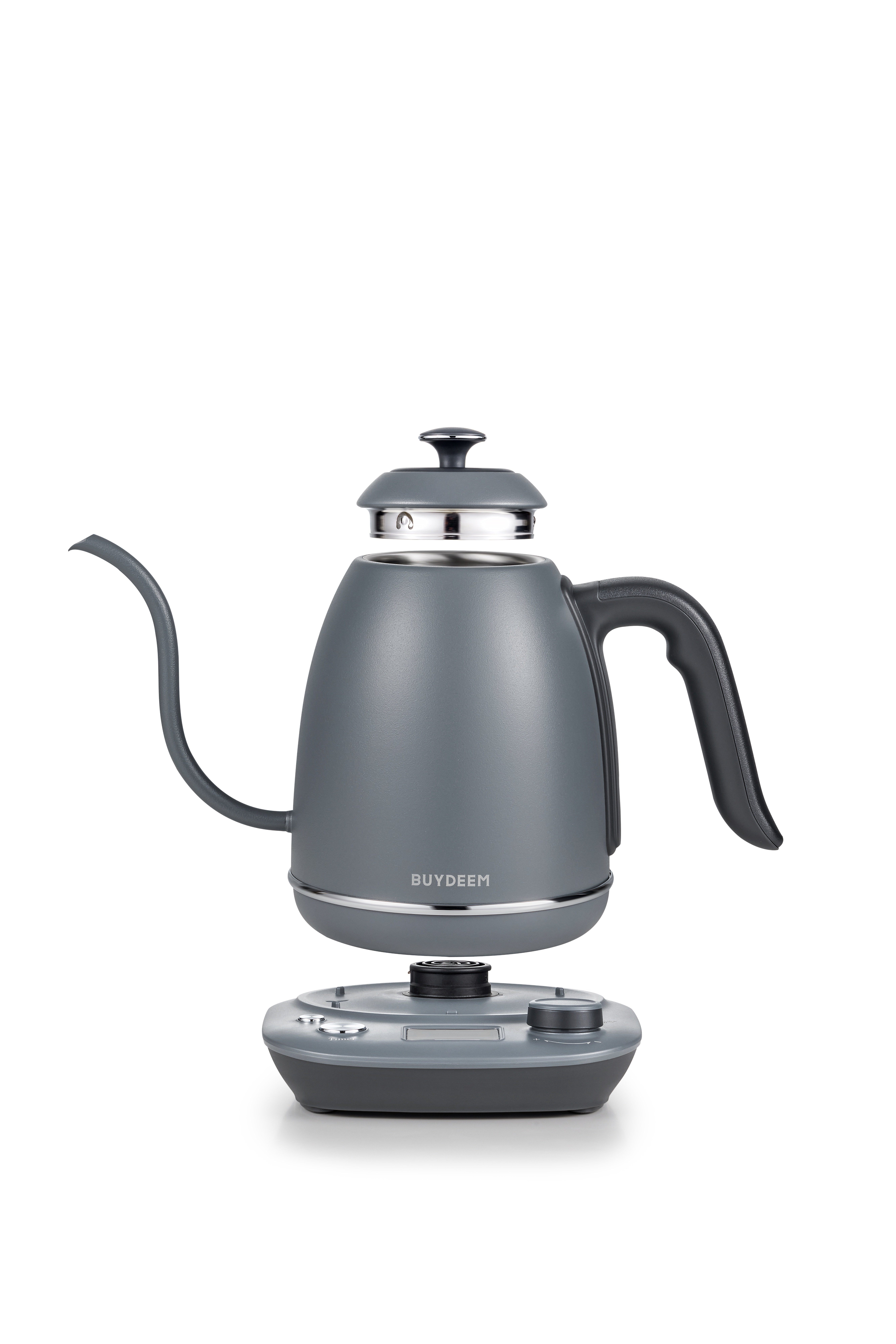 Szara czajnik gęsia szyjka stoi na szarej podstawie z elementami sterującymi.