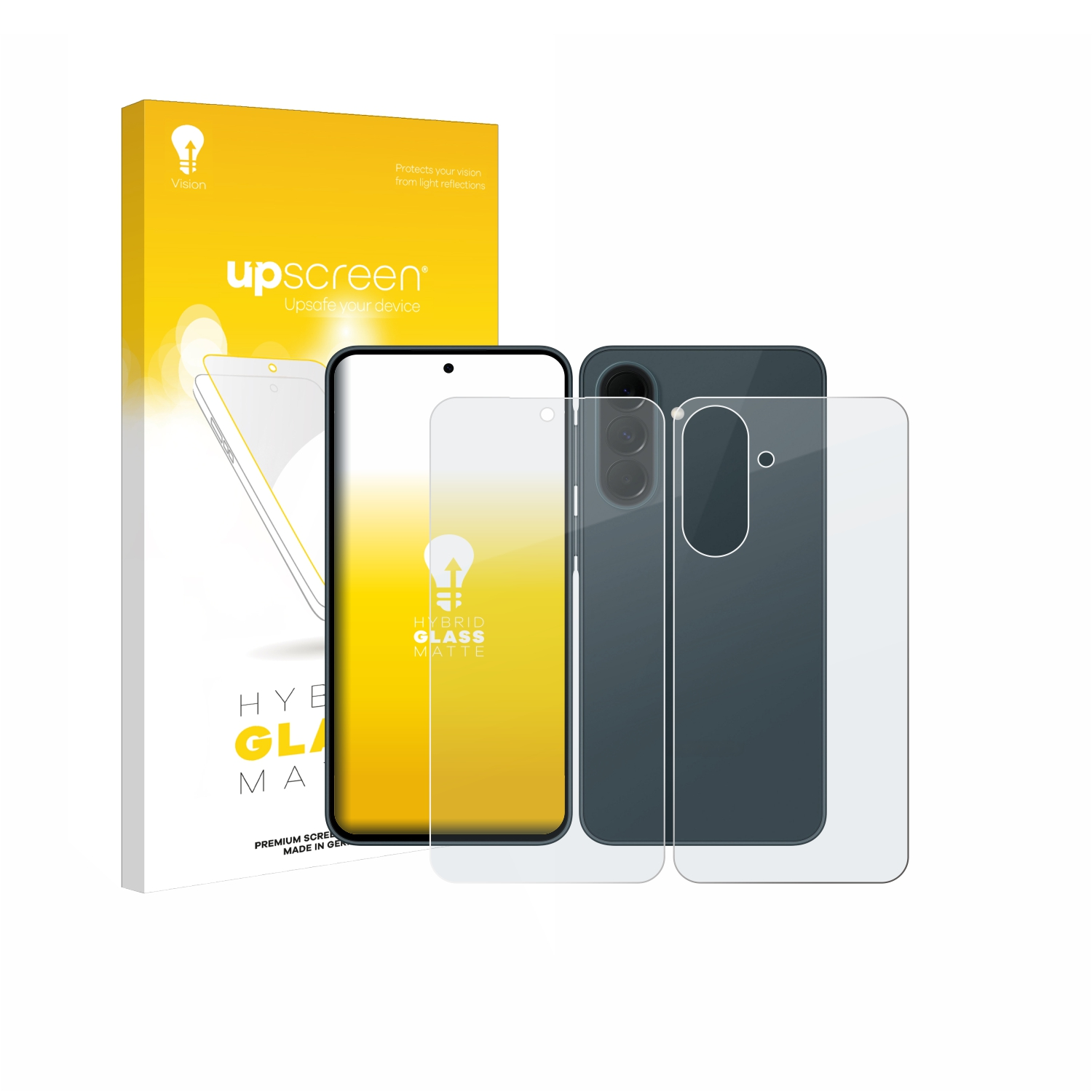 Gelber Karton mit 'upscreen'-Logo, Handy und Displayschutz.