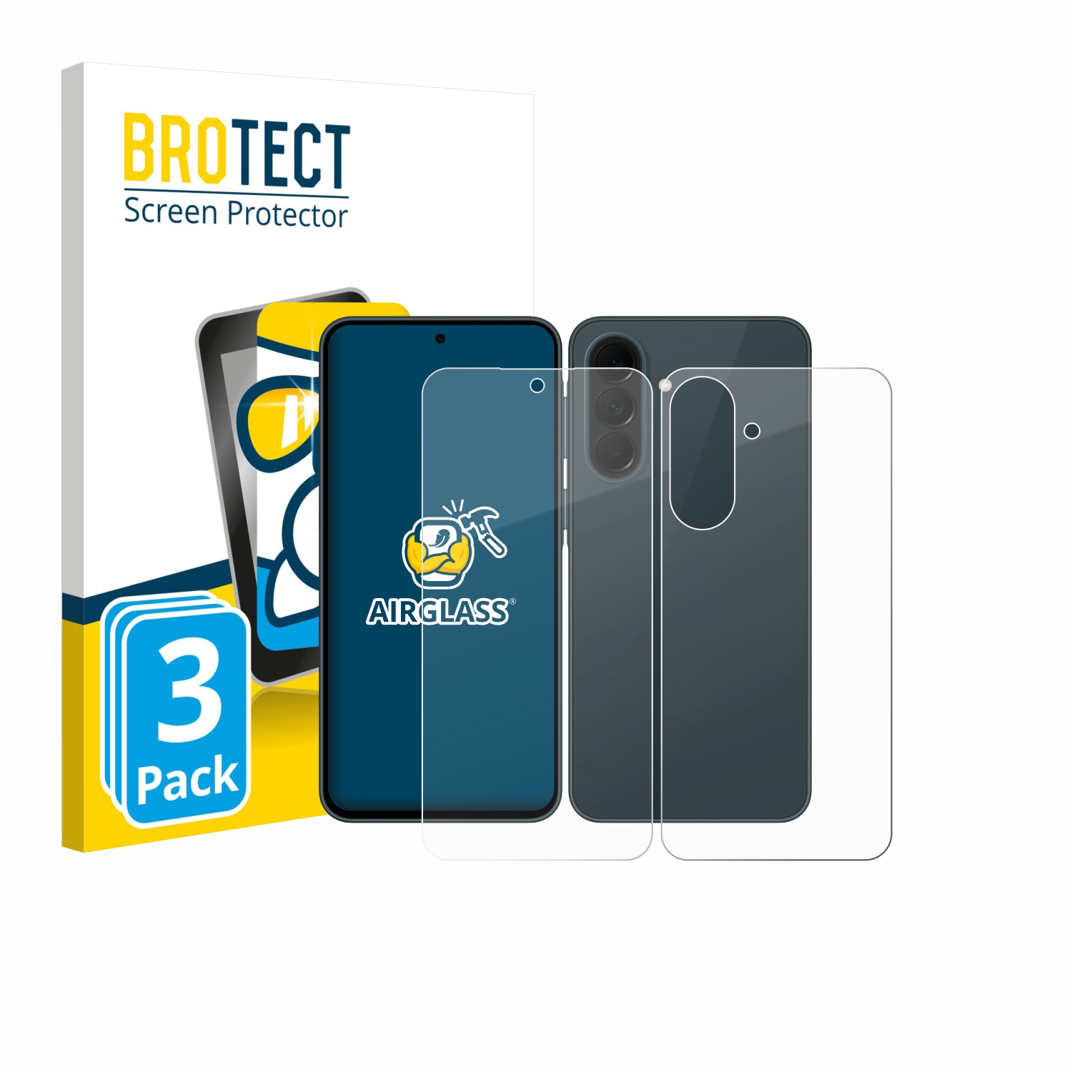 Verpackung mit 3 Displayschutzfolien für Smartphones, eine mit AirGlass Logo.