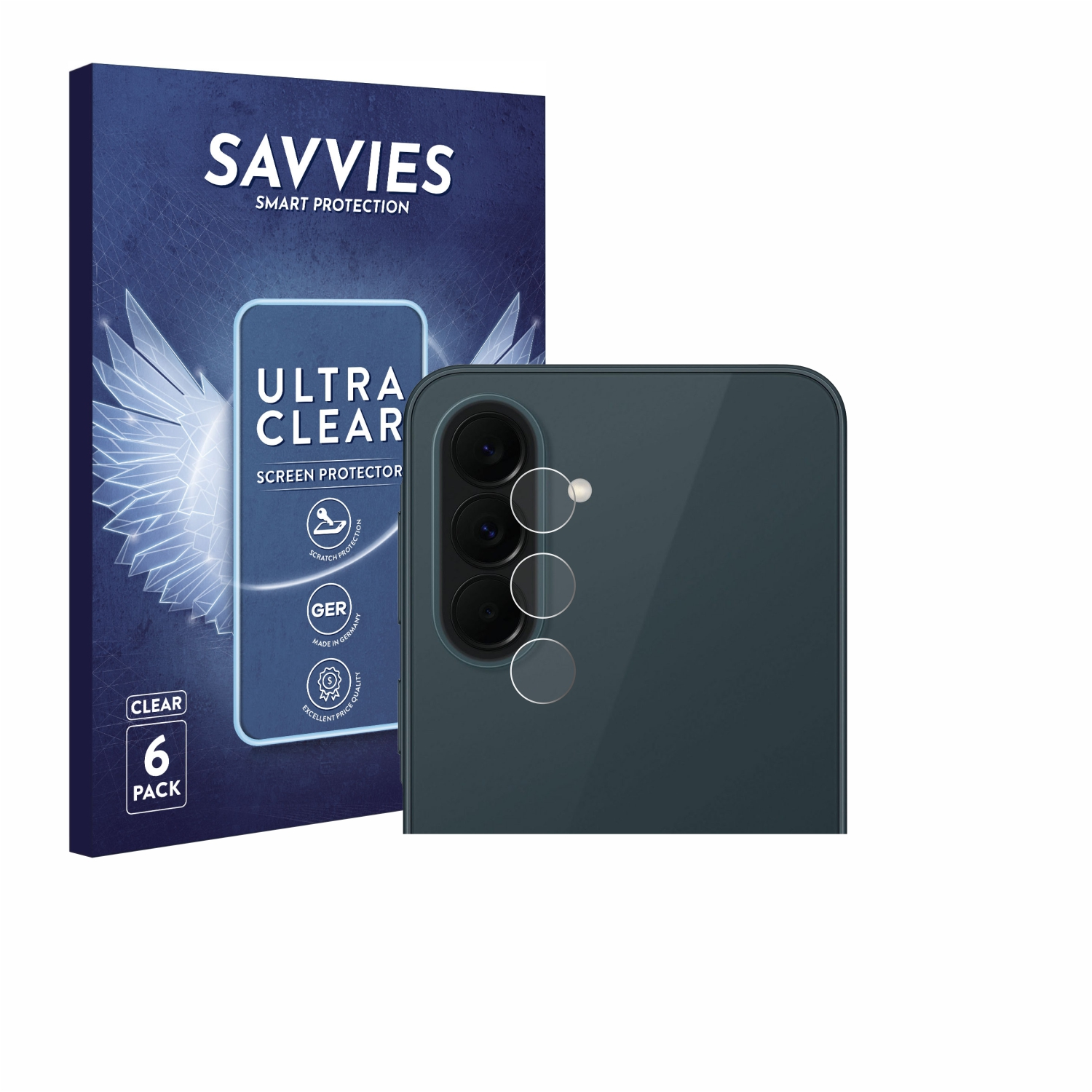 Savvies Verpackung und eine dunkle Handy-Rückseite mit Kameralinsen.