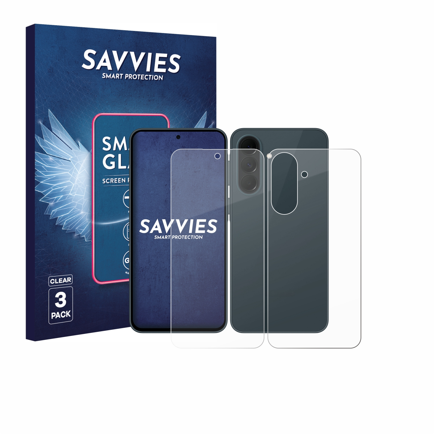 Savvies Displayschutzfolie 3er Pack mit Handy und Verpackung.