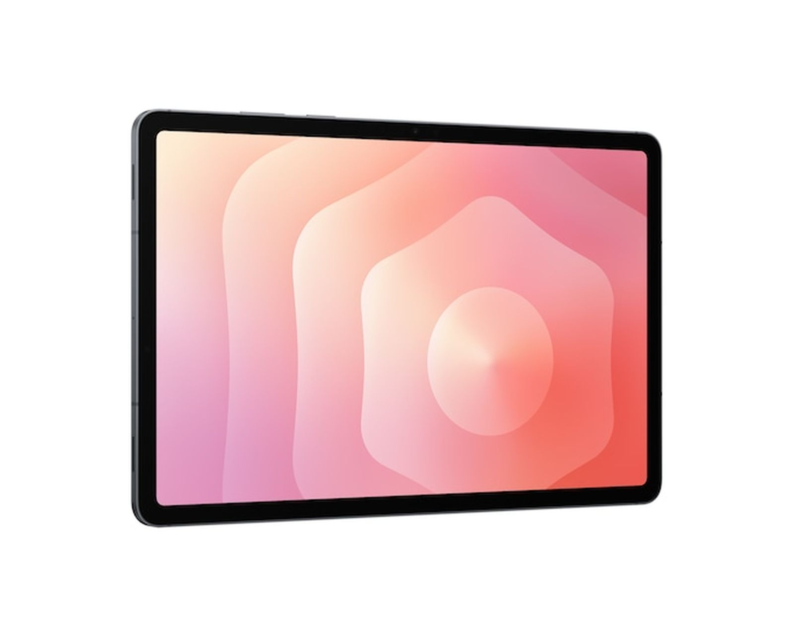 Een tablet met een abstracte roze en oranje achtergrondafbeelding.