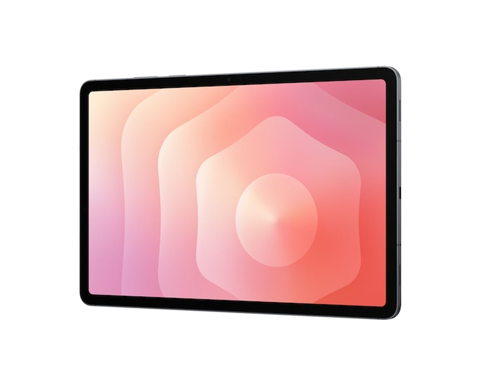 Een tablet met een abstracte, organische achtergrond in roze en oranje tinten.