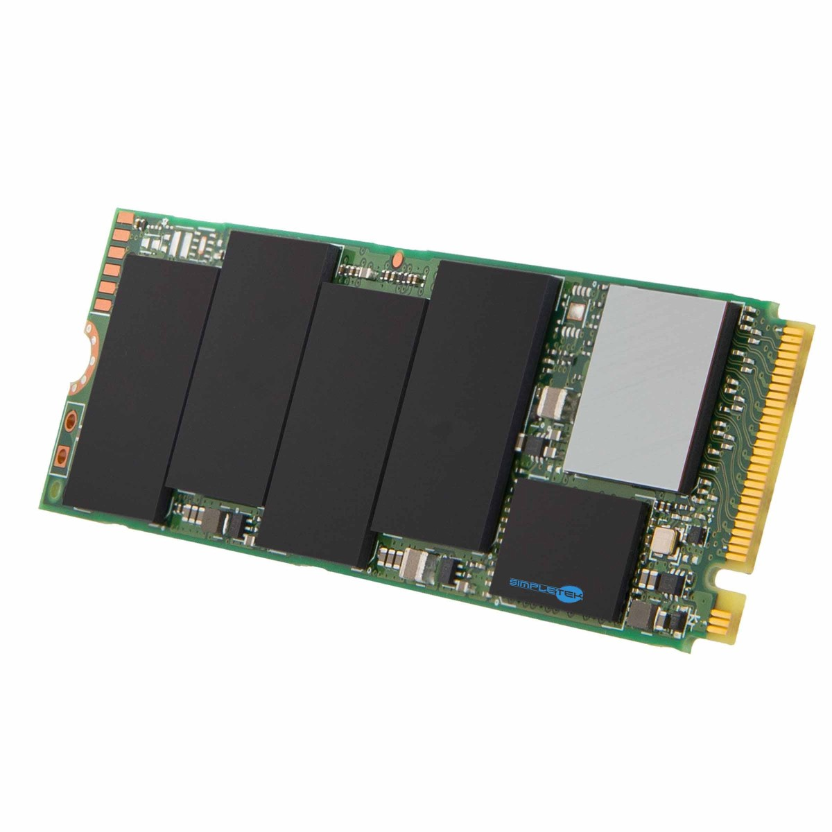A M.2 SSD storage module with black chips and a gold connector.