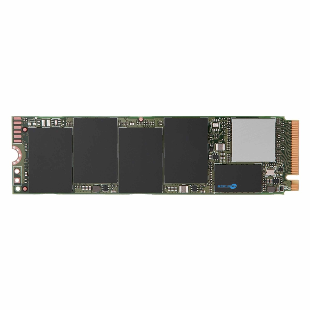 A green circuit board with black chips and a gold connector.