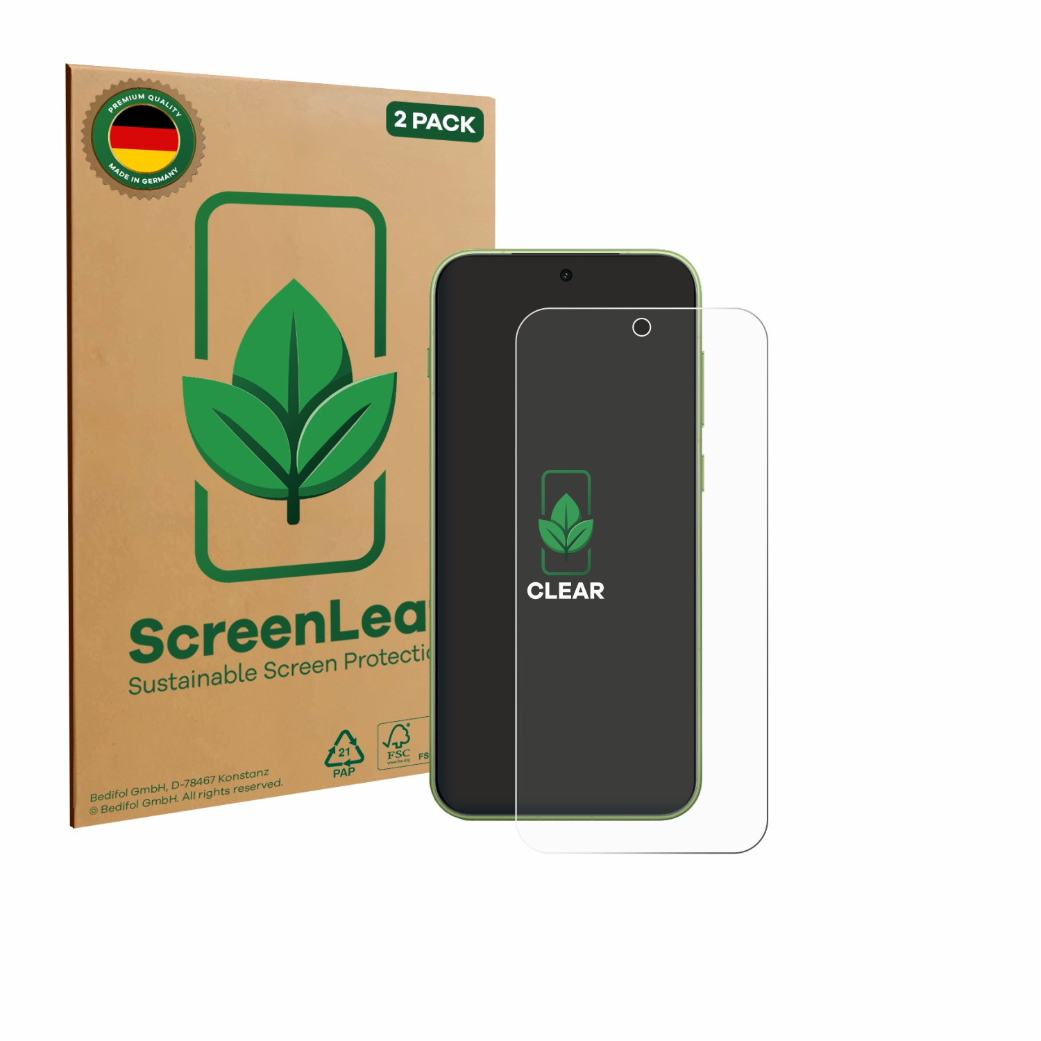 Zwei Packungen Displayschutzfolie mit Handy und Verpackung. Made in Germany.