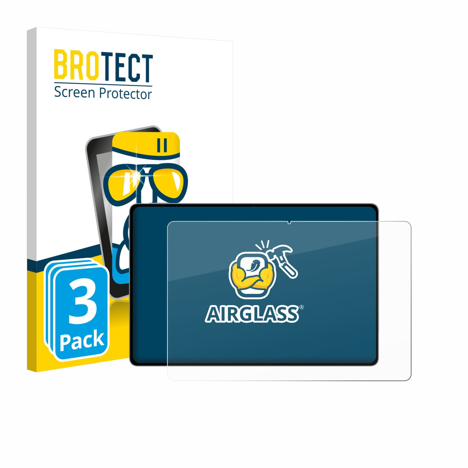 Packung mit 3 BROTECT Displayschutzfolien für Tablets mit AIRGLASS-Logo.