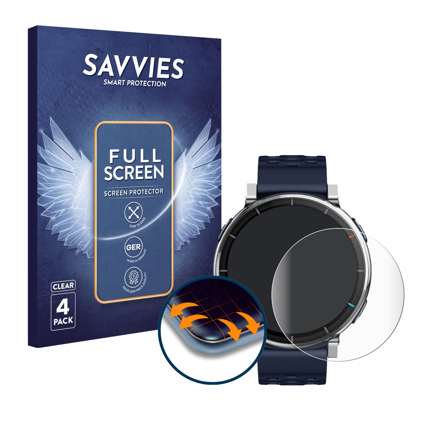 Savvies Displayschutzfolie für Smartwatches, 4er Pack, klar, Made in Germany.