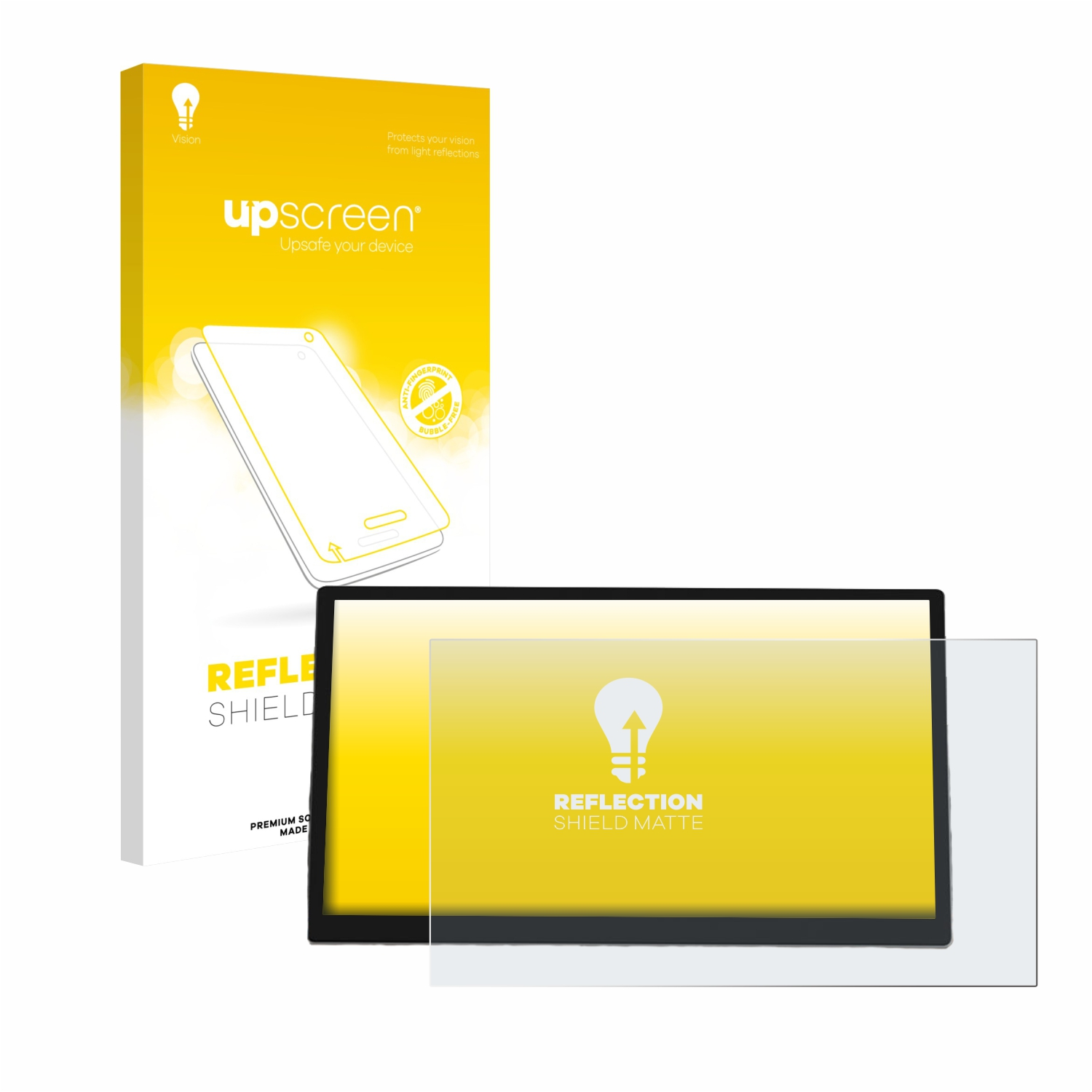 Upscreen Reflection Shield Matte Displayschutzfolie Verpackung und Produkt.