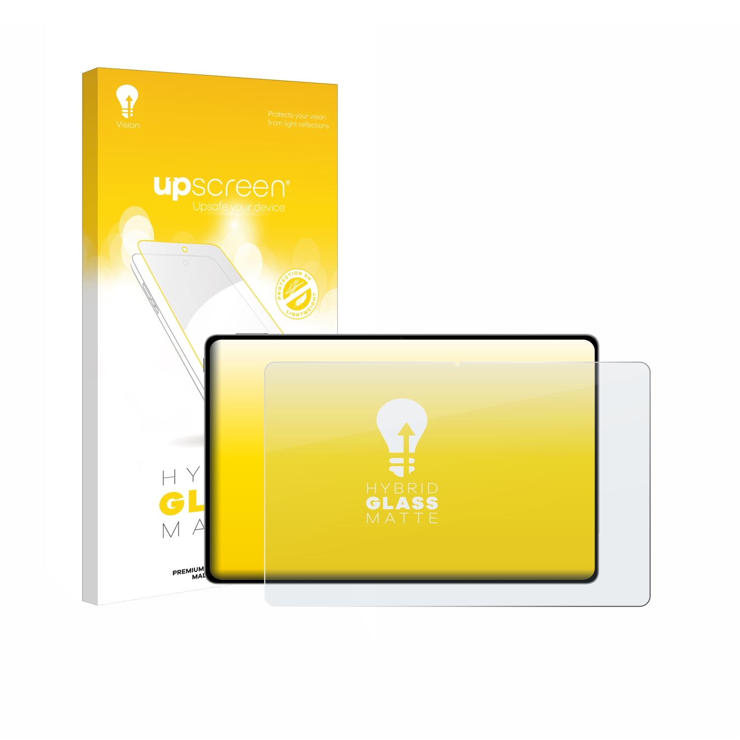 Upscreen Hybrid Glass Matte Displayschutzfolie Verpackung und Schutzfolie auf weißem Grund.