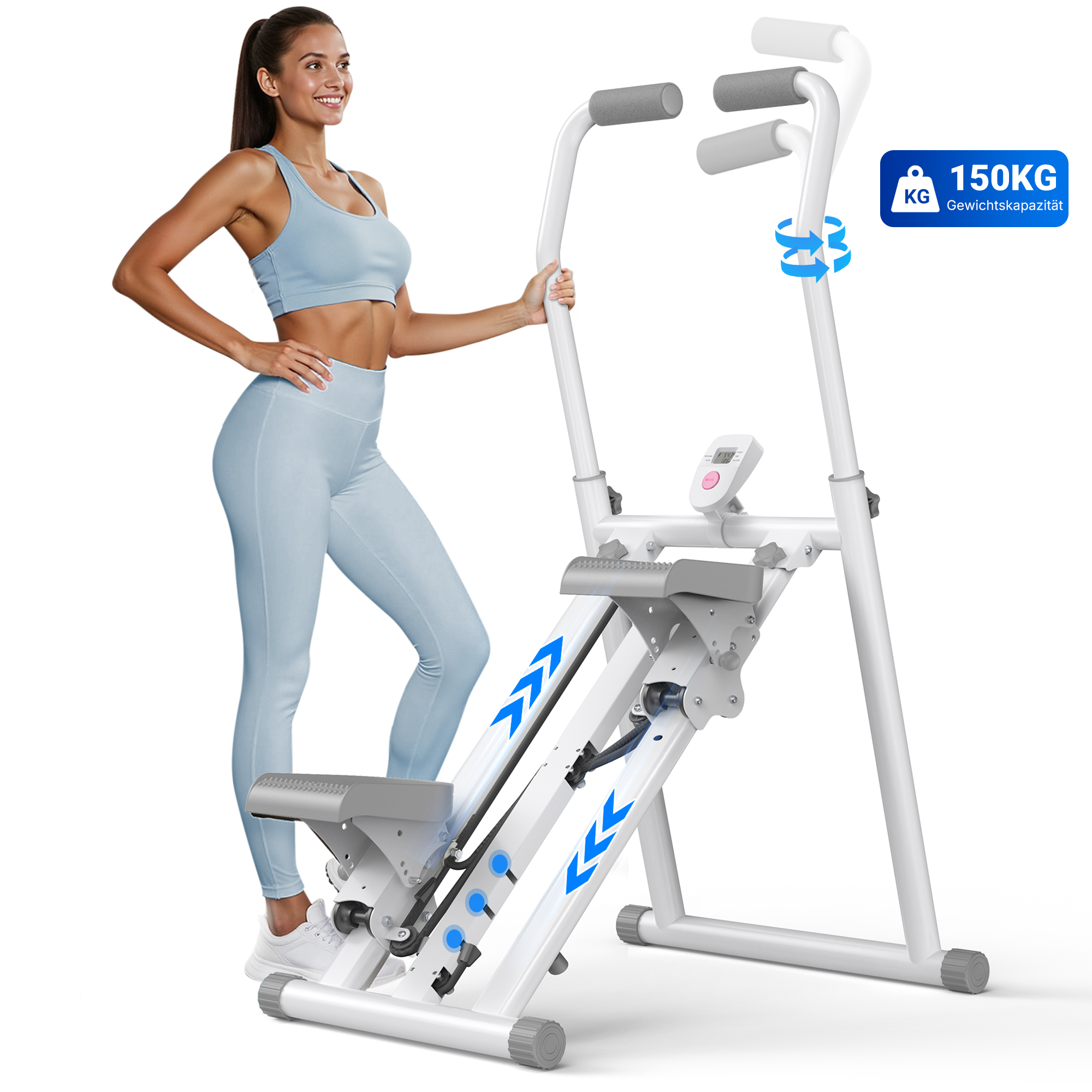 Eine Frau in Trainingskleidung steht neben einem weißen Heimtrainer mit einem digitalen Display.
