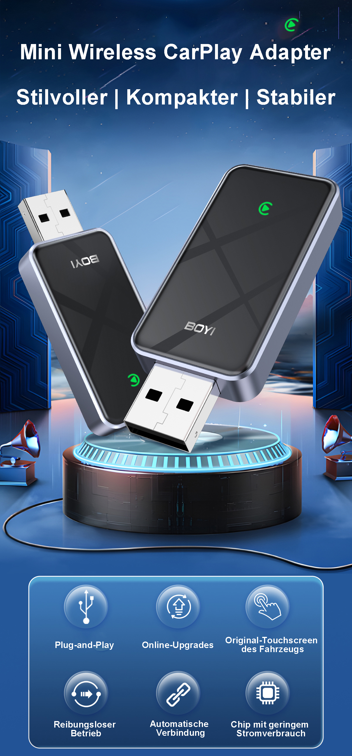 Zwei schwarze BOYI Mini Wireless CarPlay Adapter mit USB-Anschluss auf einer runden Plattform.