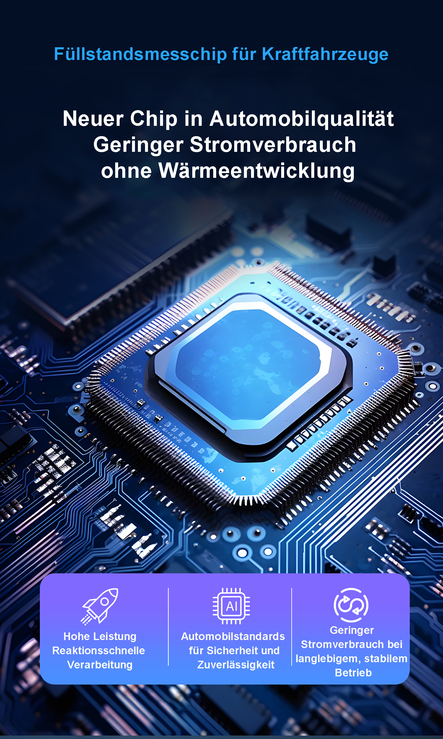 Ein blauer Computerchip auf einer Leiterplatte mit Text über Leistung und Verbrauch.