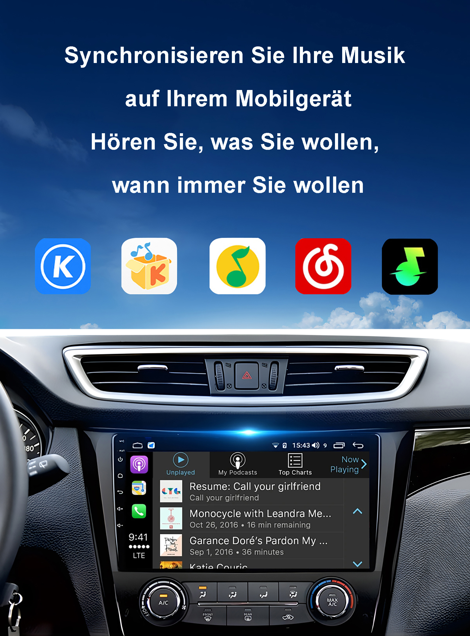 Apps für Musik und ein Autoradio mit Podcasts, oben Texte auf Deutsch.