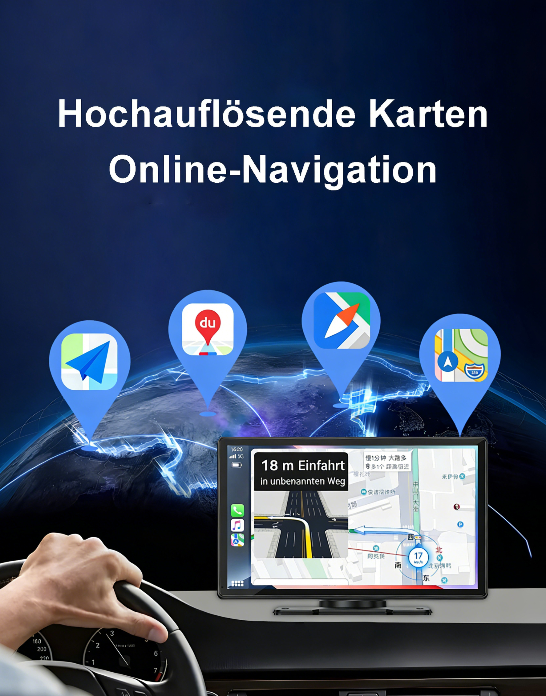 Hand am Steuer, Navigationsbildschirm zeigt Karte mit Routenführung und Satellitensymbolen.