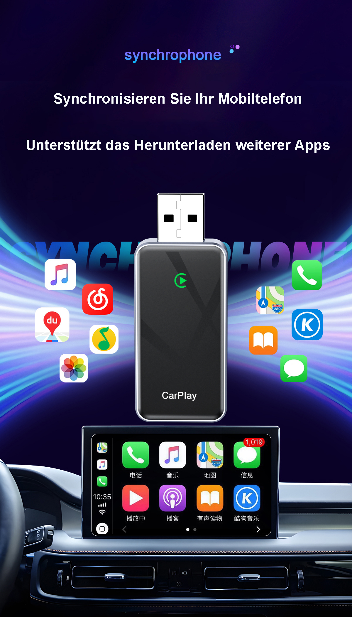 Ein CarPlay-Gerät mit App-Symbolen und einem Smartphone-Display im Auto.