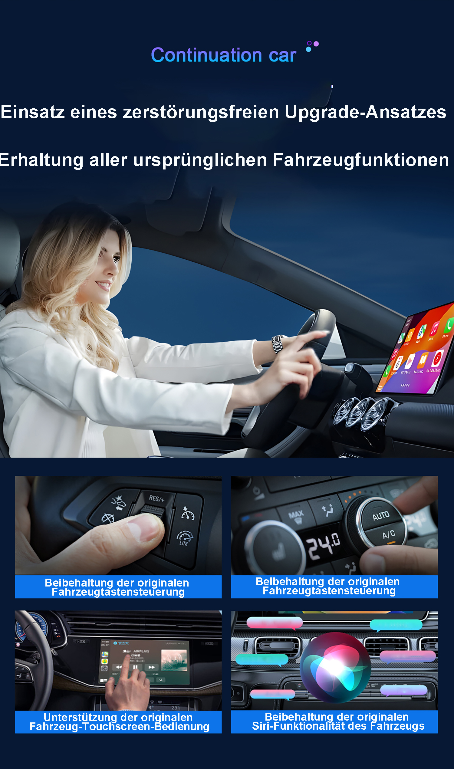 Frau fährt Auto, zeigt auf Klimasteuerung & Touchscreen. Icons zeigen Funktionen.