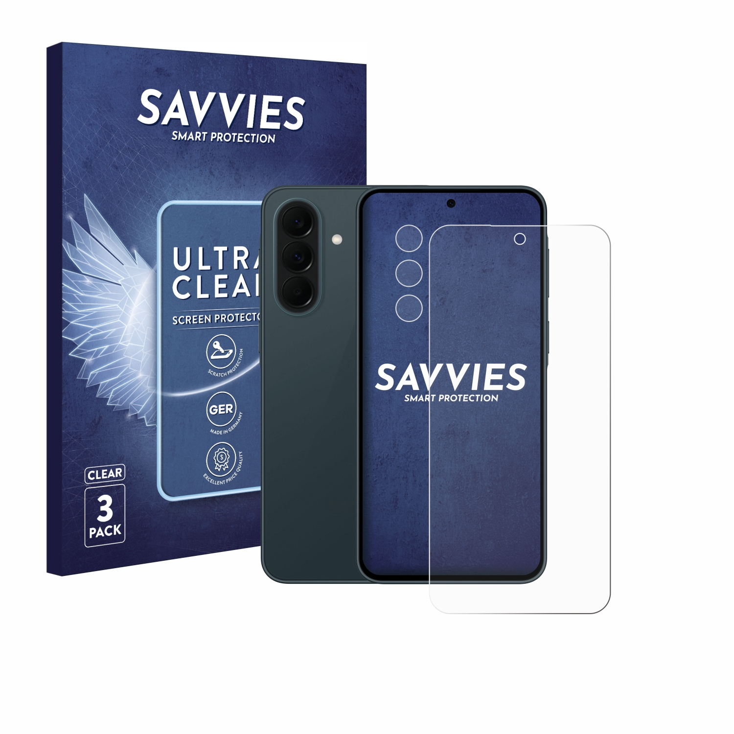 Savvies Displayschutzfolie für ein Smartphone mit Verpackung und drei Folien.