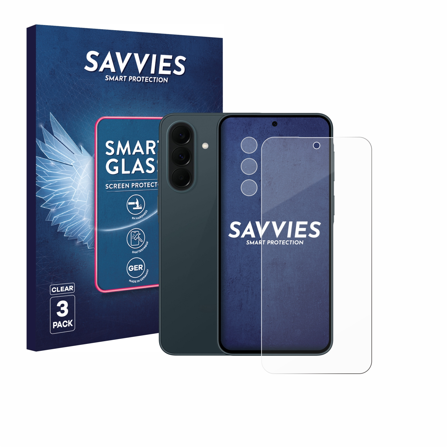 Savvies Schutzfolie für Smartphones in 3er Packung, mit Handy und Verpackung.