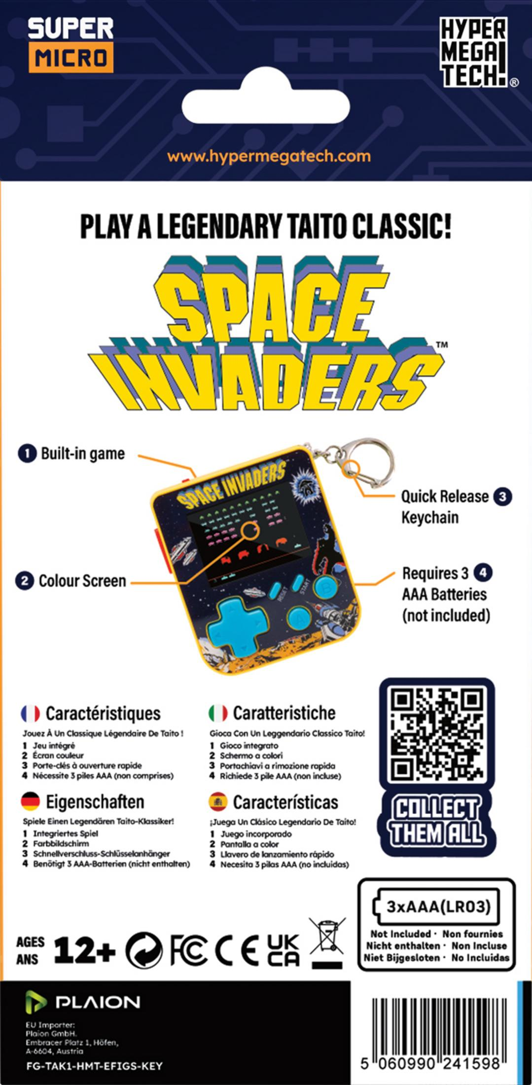 Małe, żółte, przenośne urządzenie do gry w stylu Space Invaders z niebieskimi przyciskami.