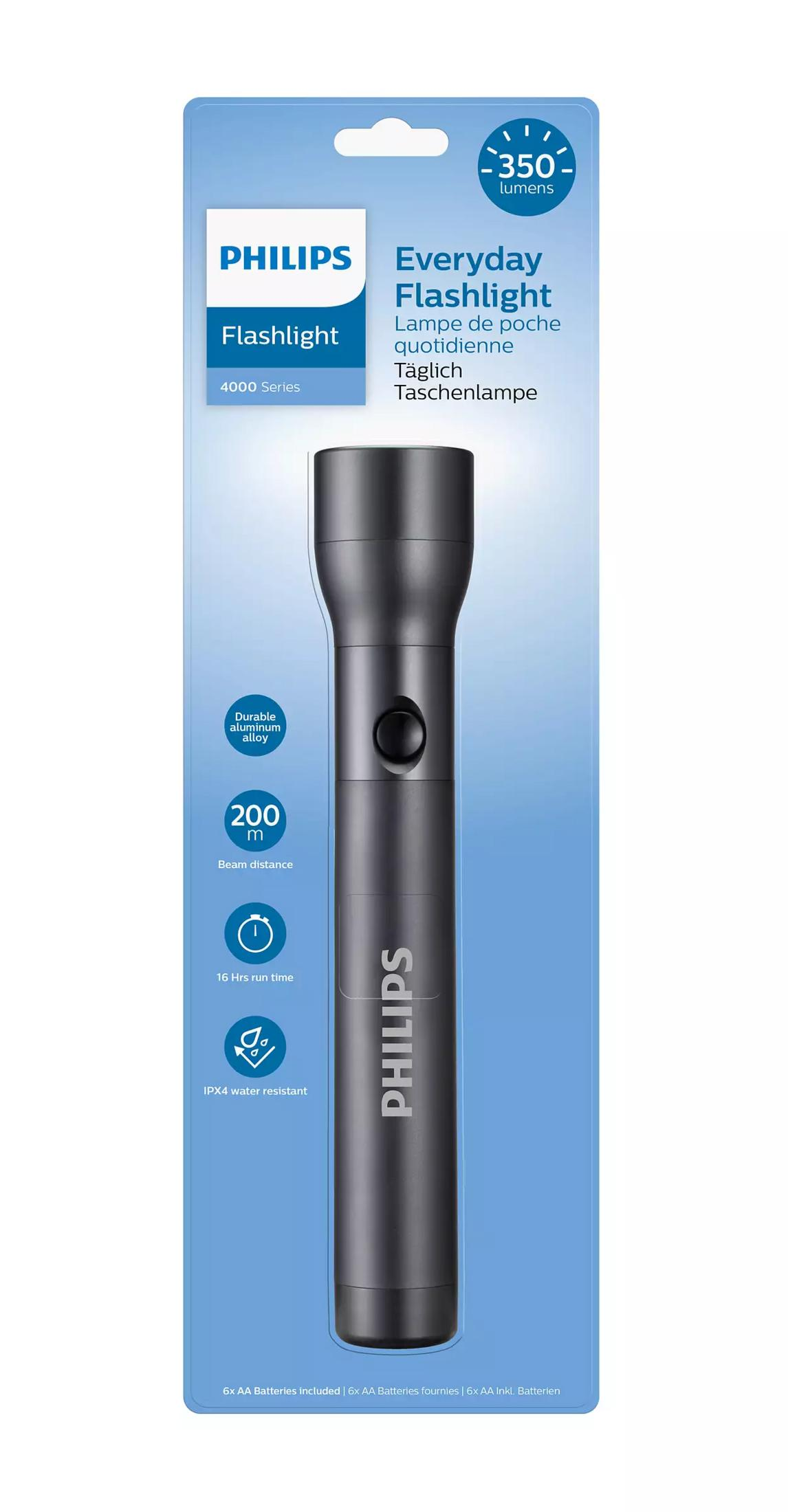 Torcia Philips 350 lumen, alluminio, 200m, resistente IPX4.