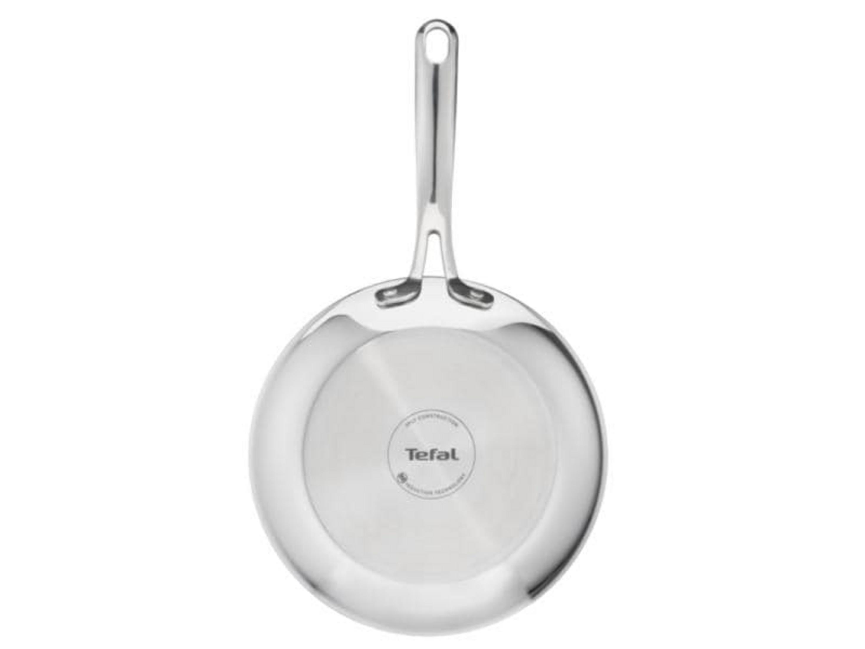 Edelstahlpfanne mit langem Griff, Tefal Logo auf dem Boden.