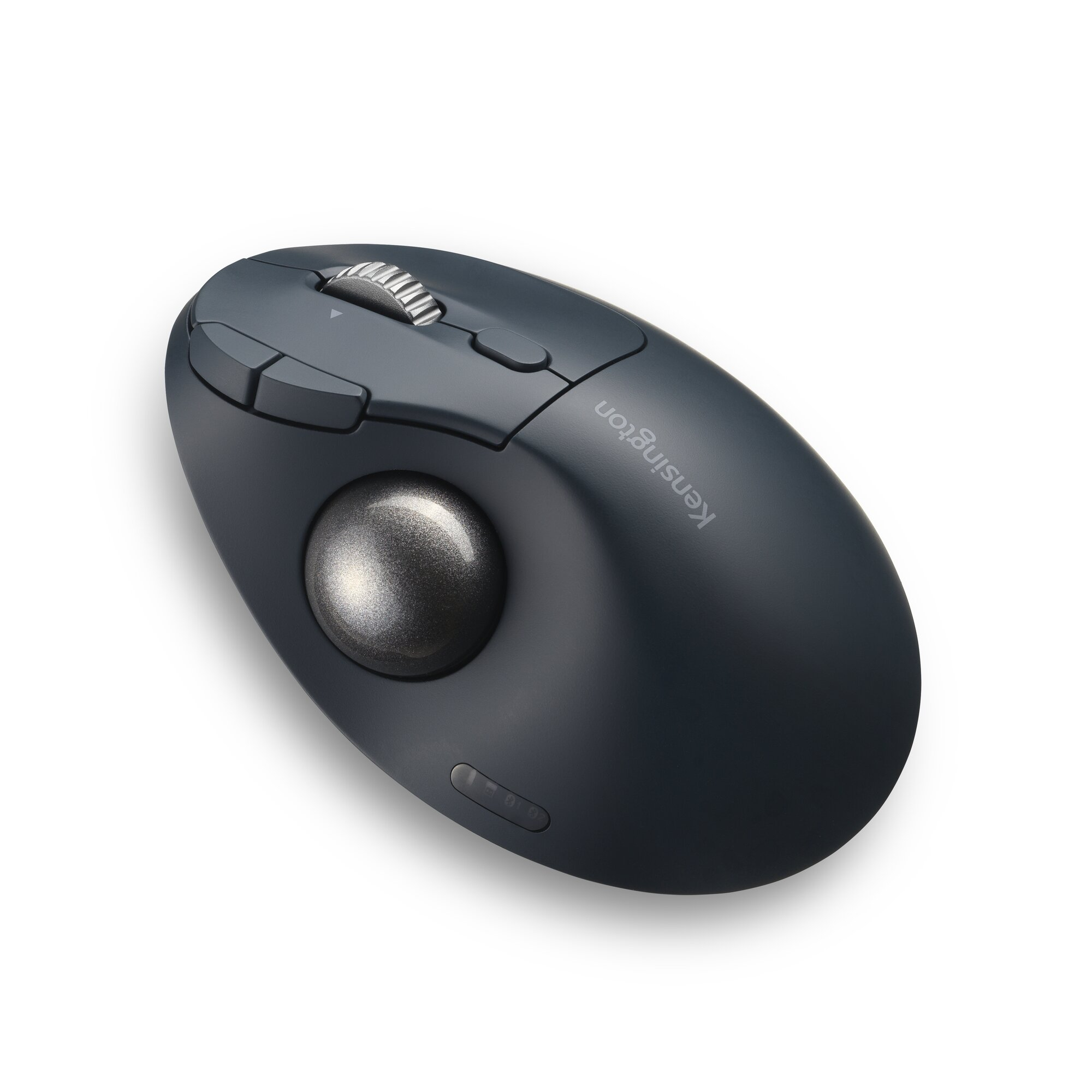 Dark gray trackball mouse with a silver ball and scroll wheel.